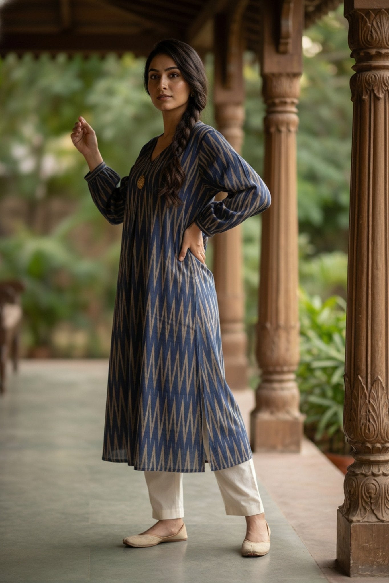 Dark Blue Zigzag Linework Cotton Long Kurti - Freyaa USA & Canada