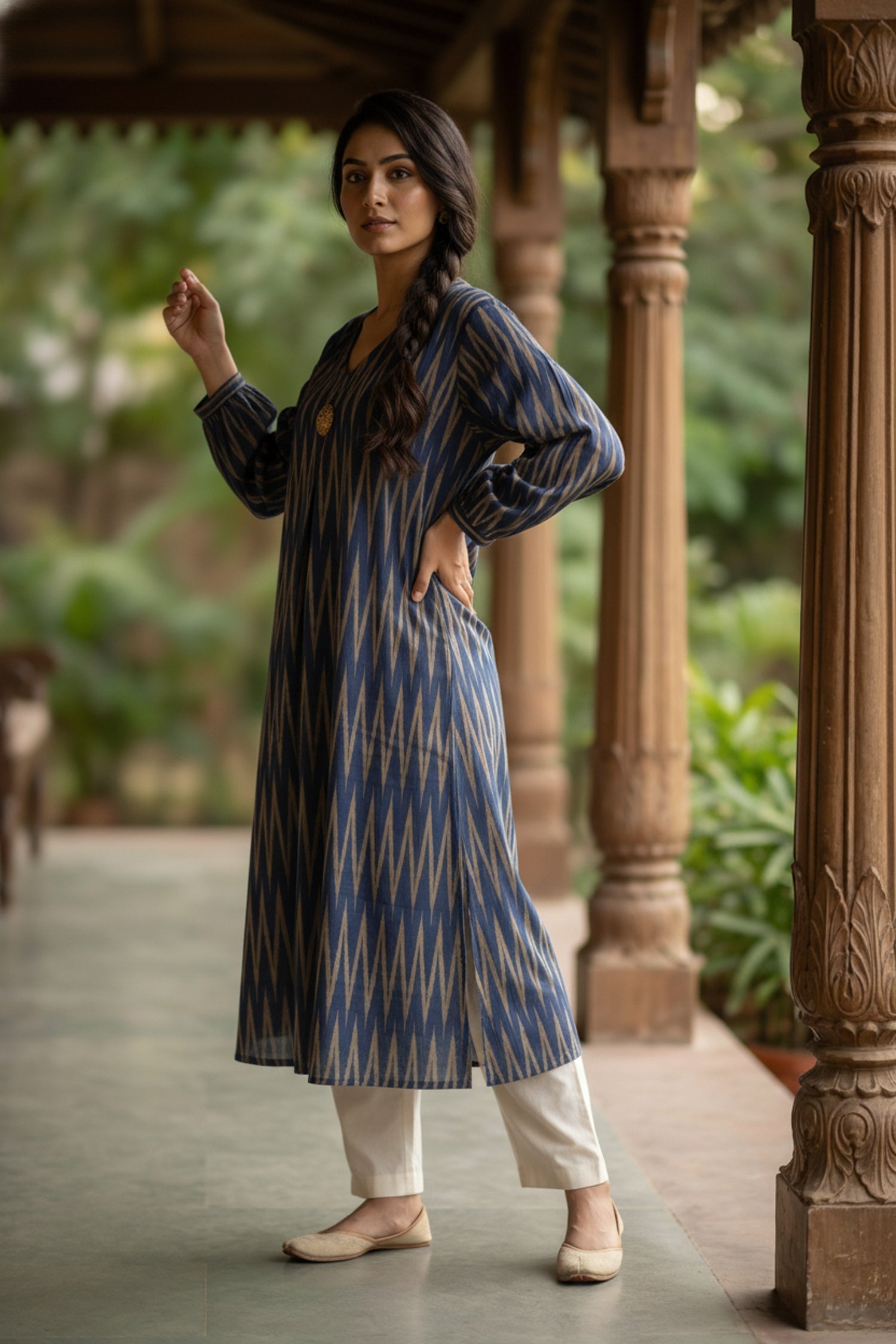 Dark Blue Zigzag Linework Cotton Long Kurti
