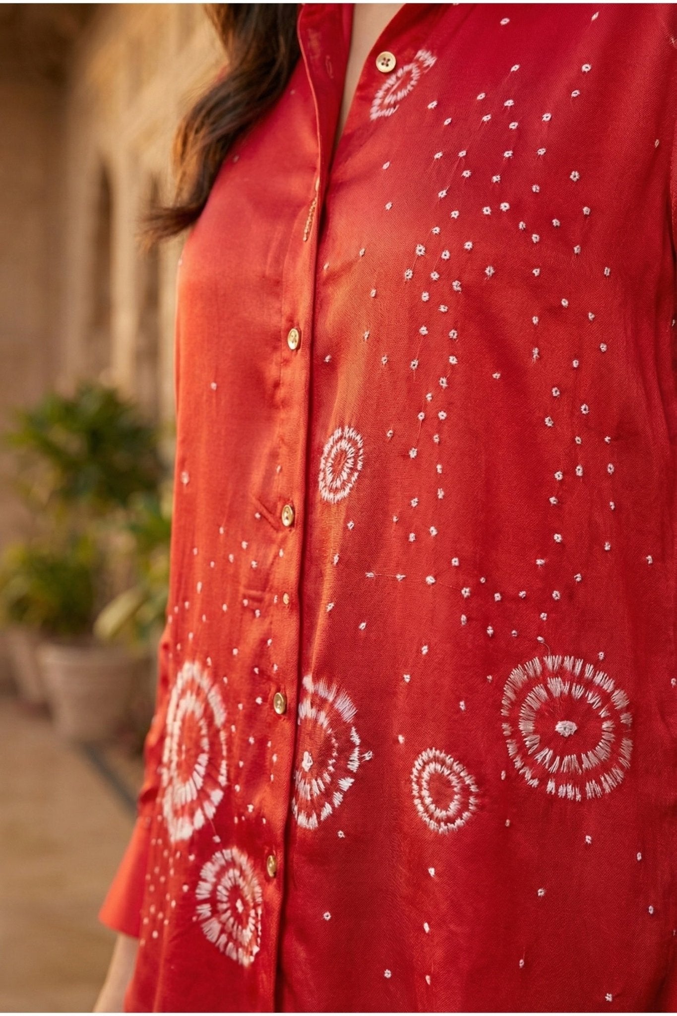 Red Satin Shirt with Bandhani Print - Freyaa USA & Canada
