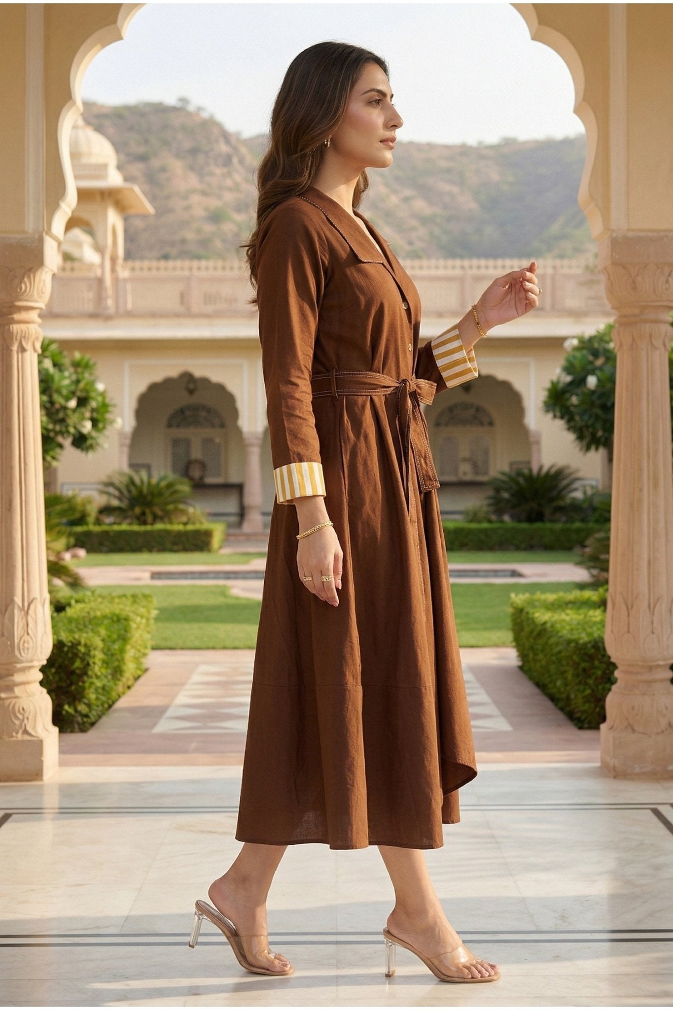 Brown Solid Long Dress with Belt - Freyaa USA & Canada