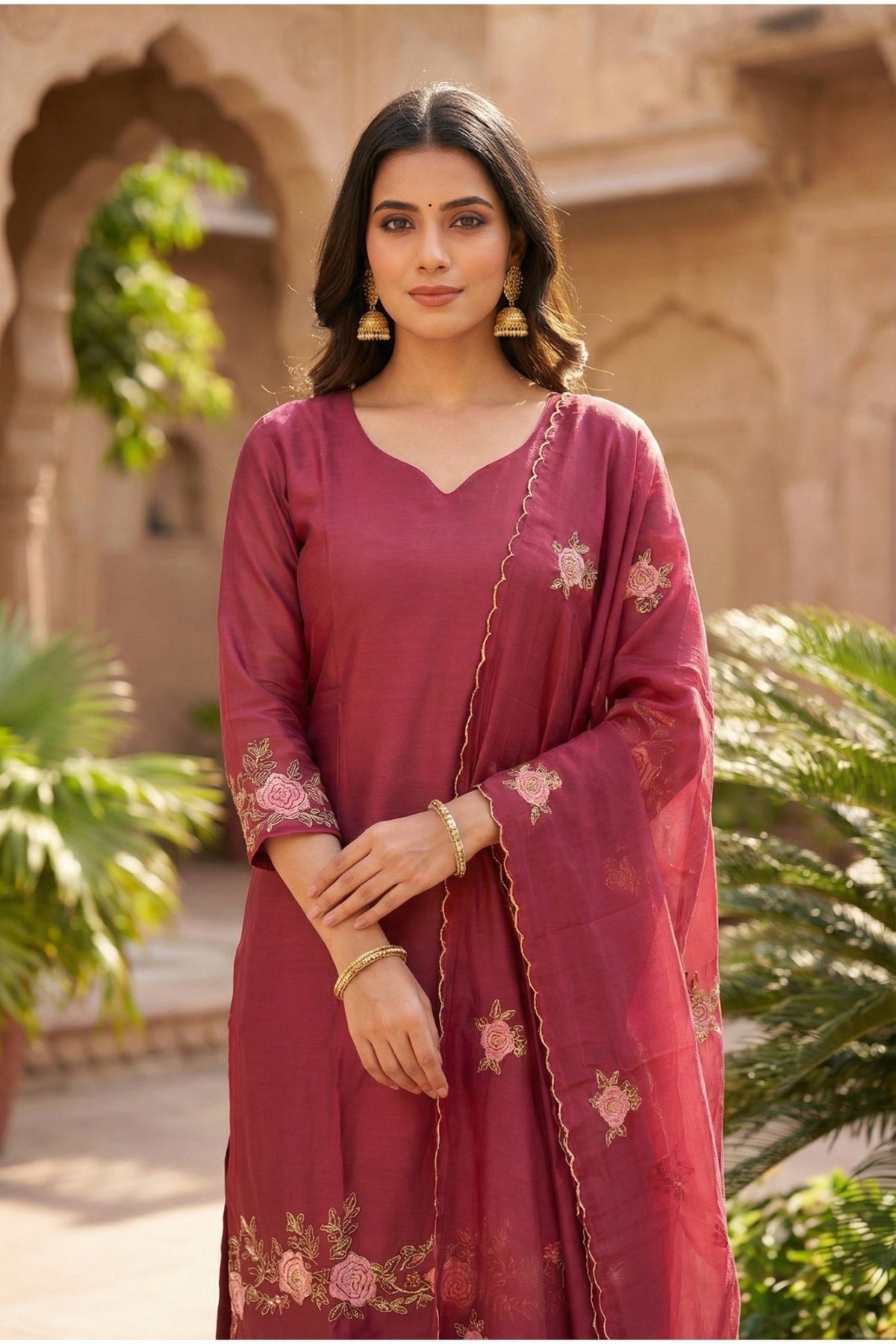 Wine Floral Embroidered Cotton Three-Piece Suit Set with Dupatta - Freyaa USA & Canada