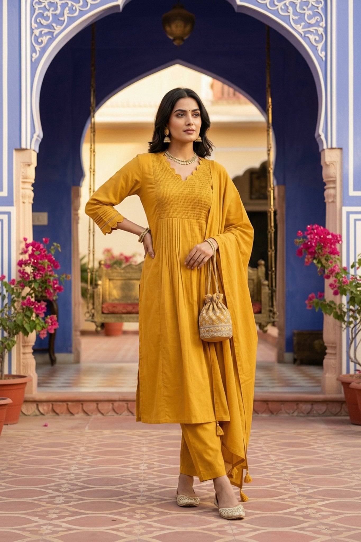 Mustard Straight-Cut Cotton Three Piece Suit Set - Freyaa USA & Canada