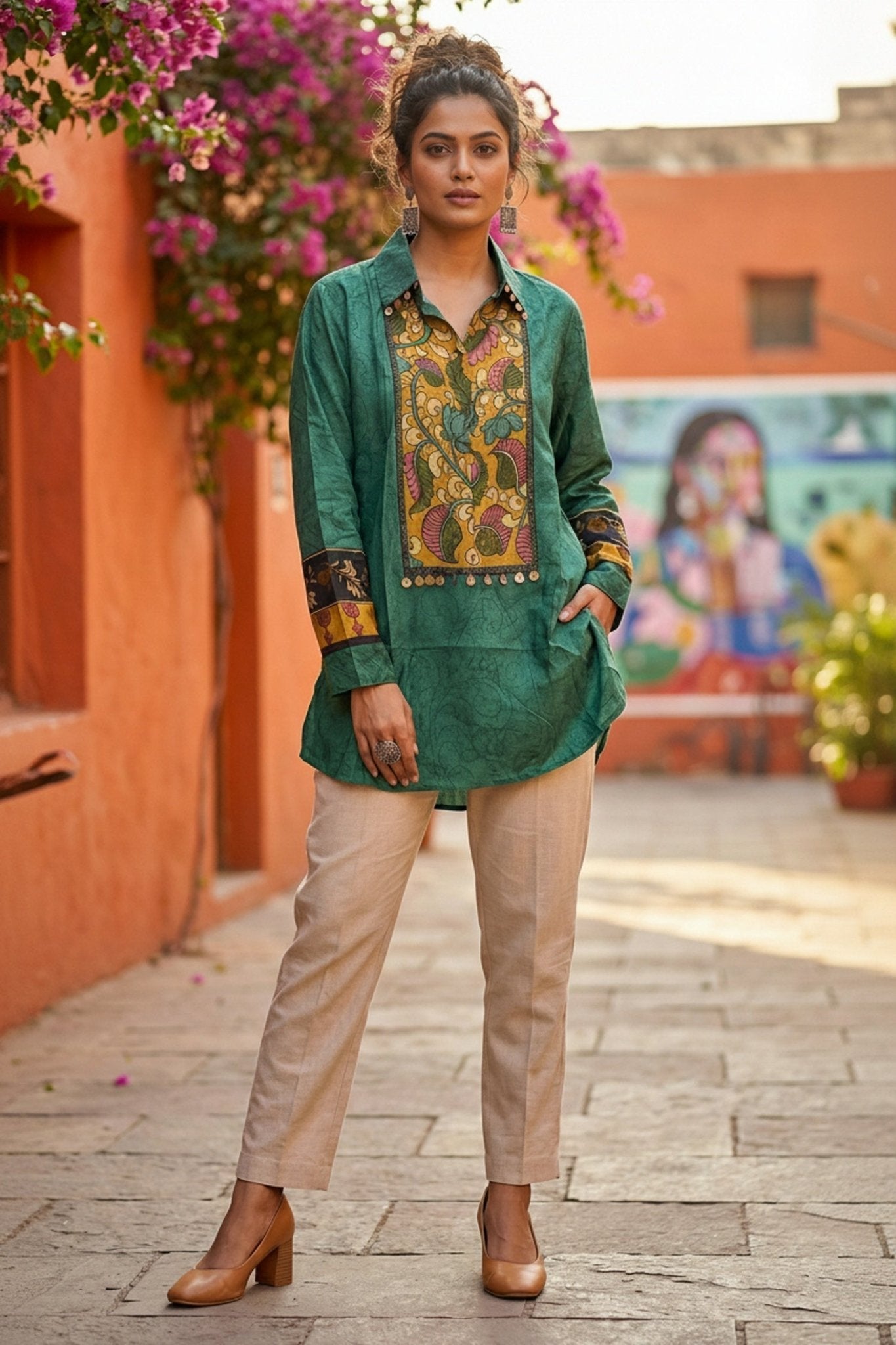 Chic Green Printed Satin Fashion Top - Freyaa USA & Canada