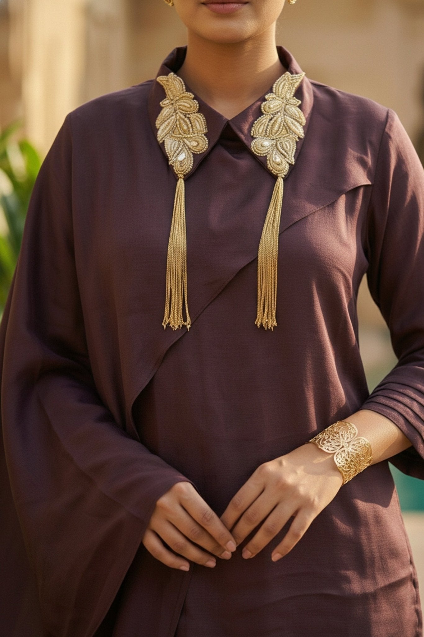 Wine Elegance Embroidered Collar Co-ord Set - Freyaa USA & Canada