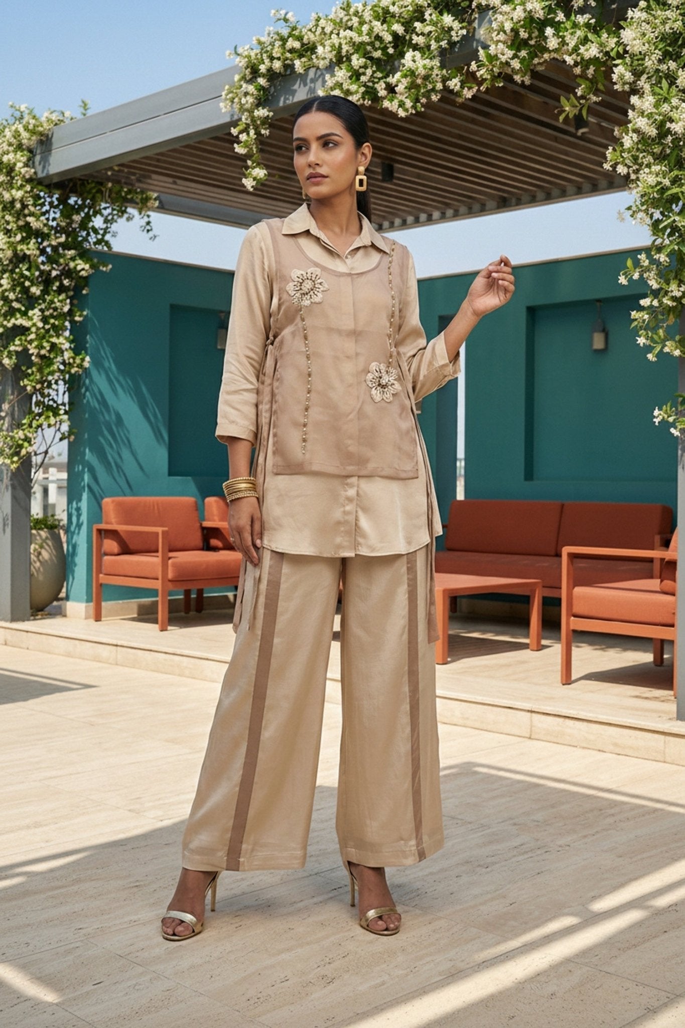 Beige Grace Tissue Jacket with Chinon Cord Set - Freyaa USA & Canada