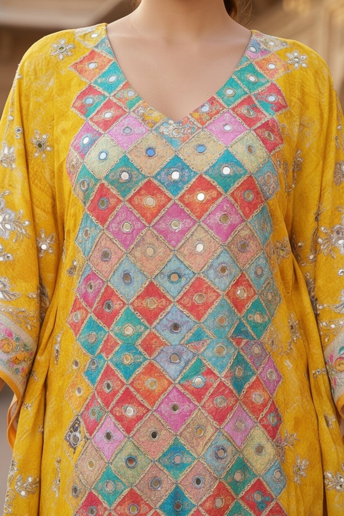 Multicolor Viscose Long Kaftan with Mirror Work Embroidery - Freyaa USA & Canada