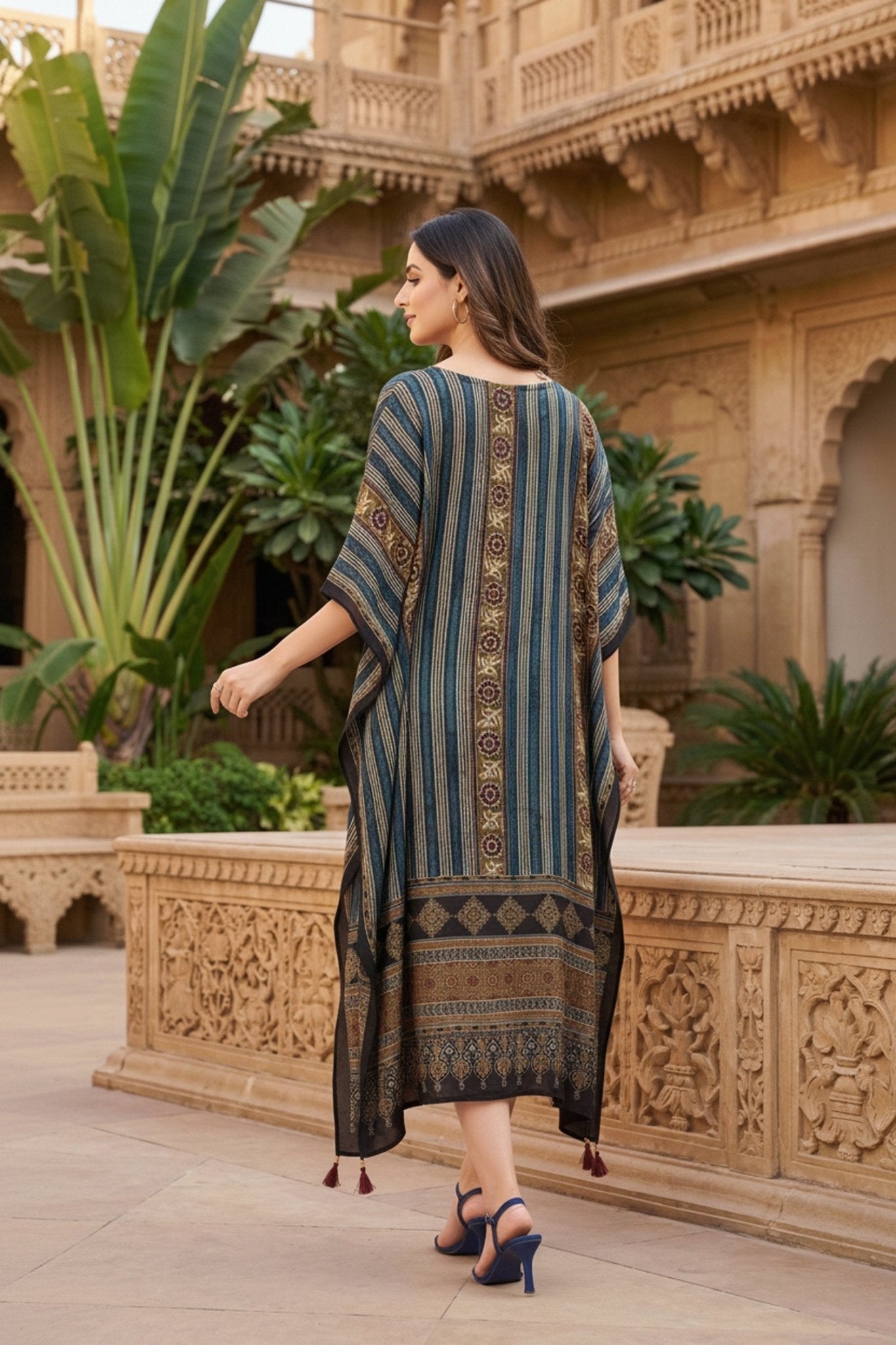 Peacock Printed Viscose Long Kaftan - Freyaa USA & Canada