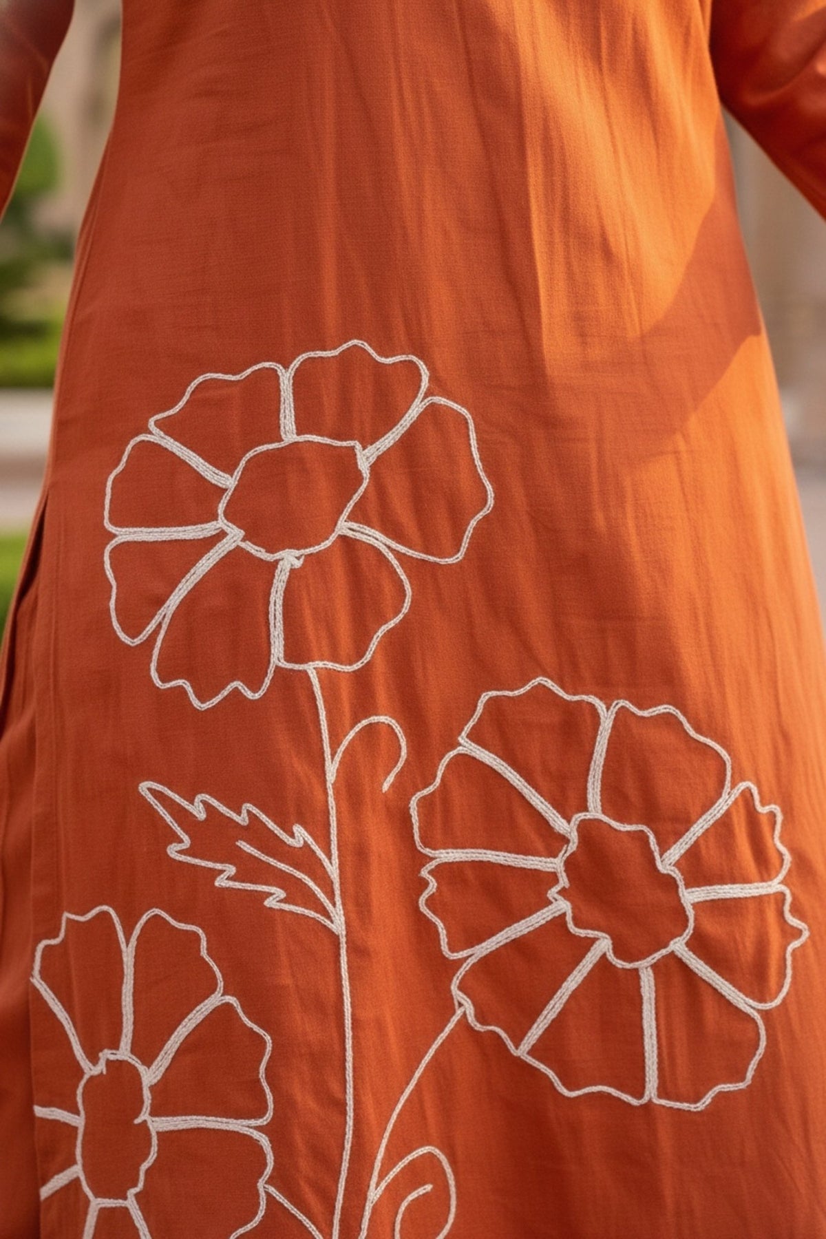 Rust Cotton Co-ord Set with Minimal Floral Thread Work - Freyaa USA & Canada
