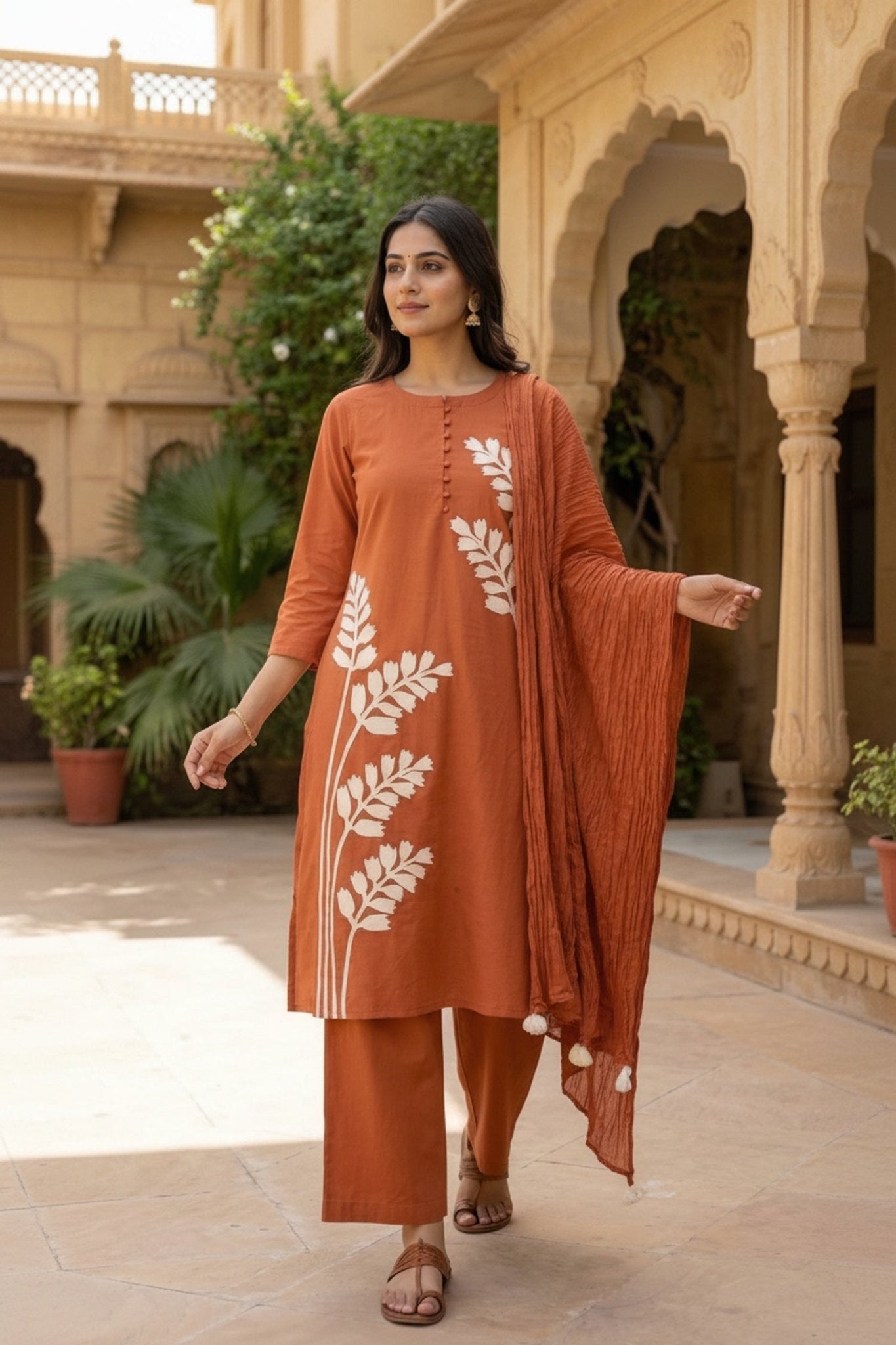 Orange Cotton Three-Piece Set with Minimal Work in Straight Cut - Freyaa USA & Canada
