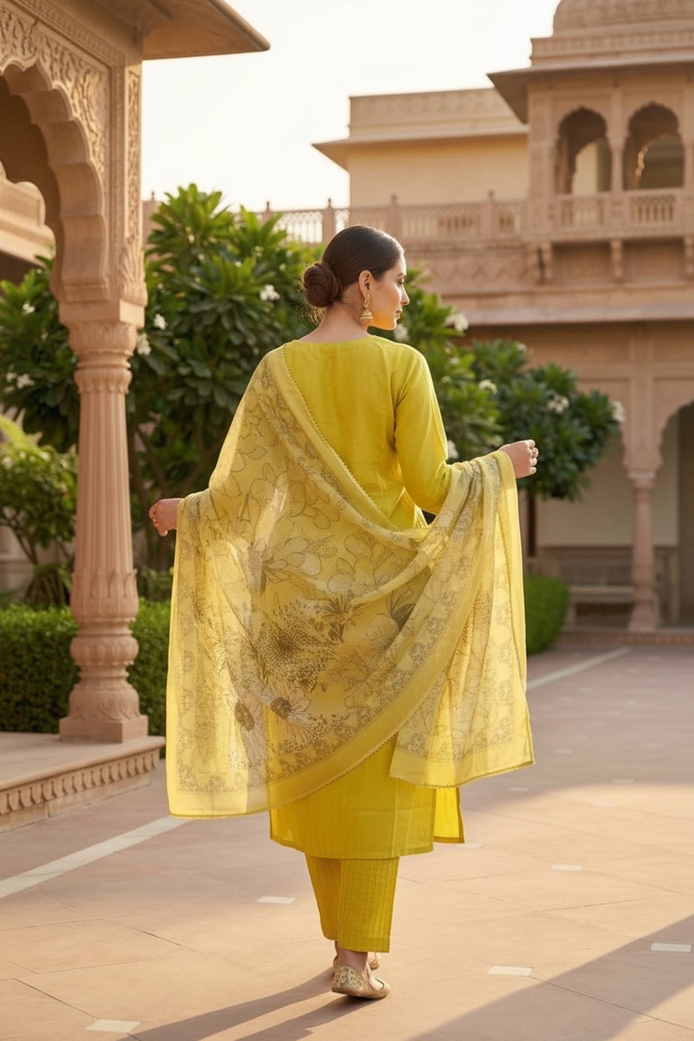 Yellow Cotton Three-Piece Set with Tissue Silk Dupatta - Freyaa USA & Canada