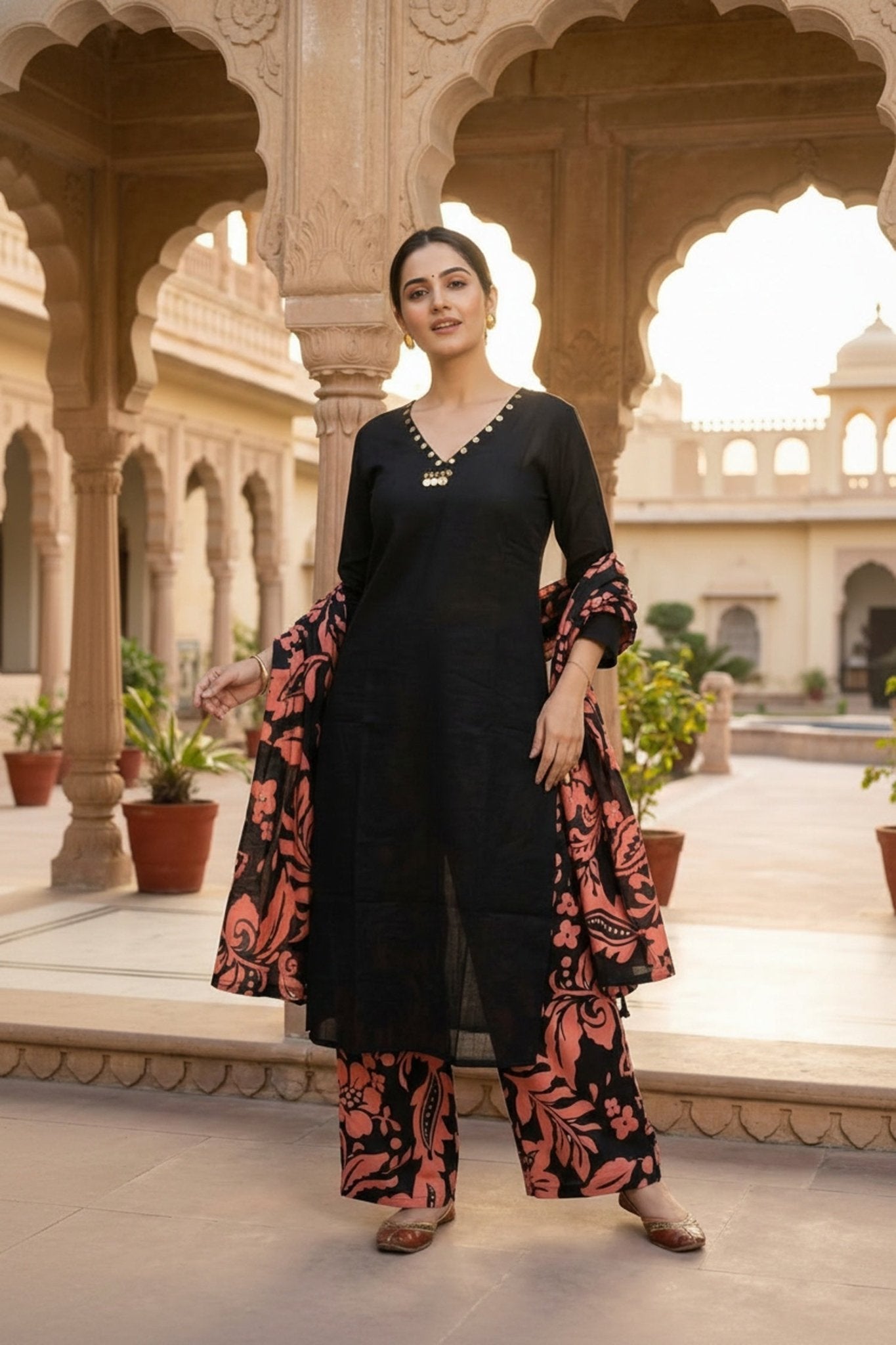 Black Straight Cut Three-Piece Set with Printed Bottom & Dupatta - Freyaa USA & Canada