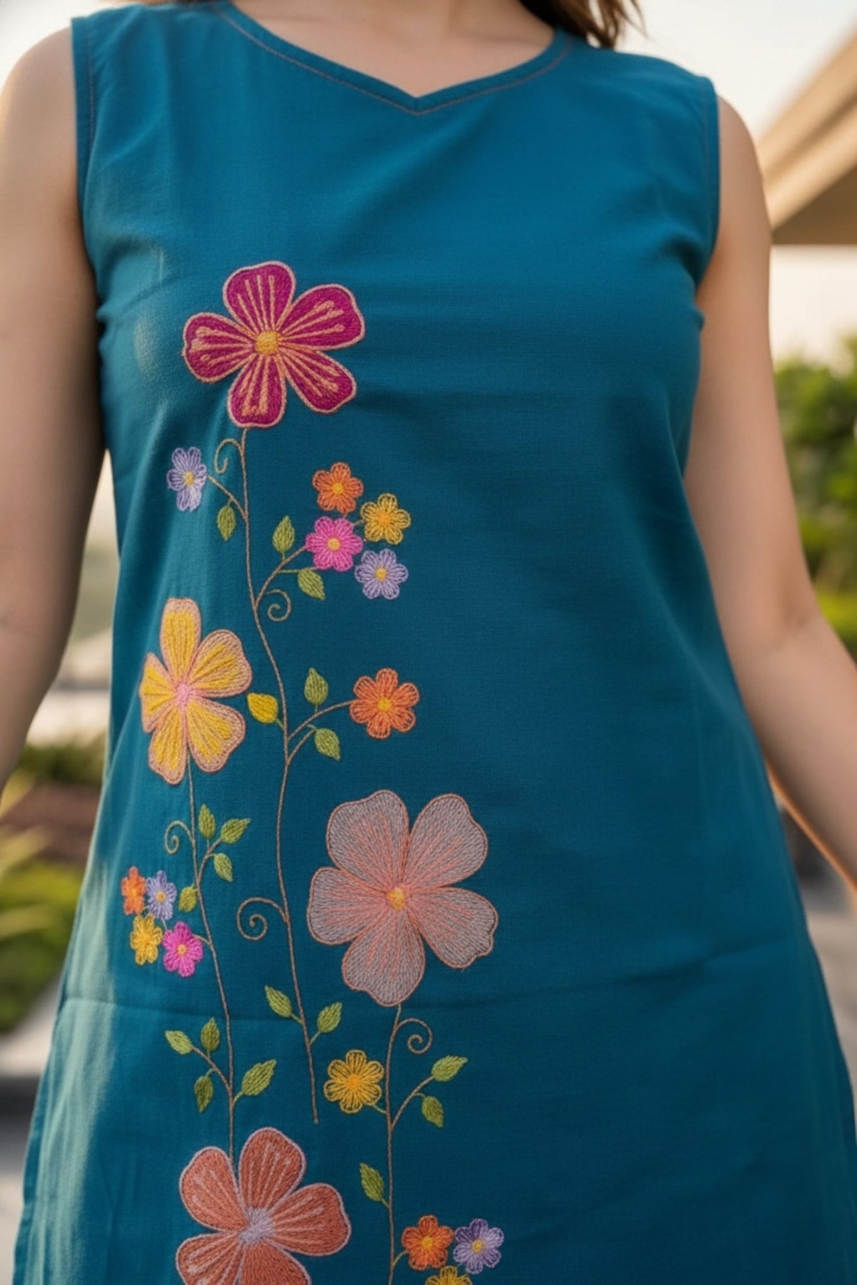 Blue Sleeveless Cotton Co-ord Set with Floral Embroidery - Freyaa USA & Canada