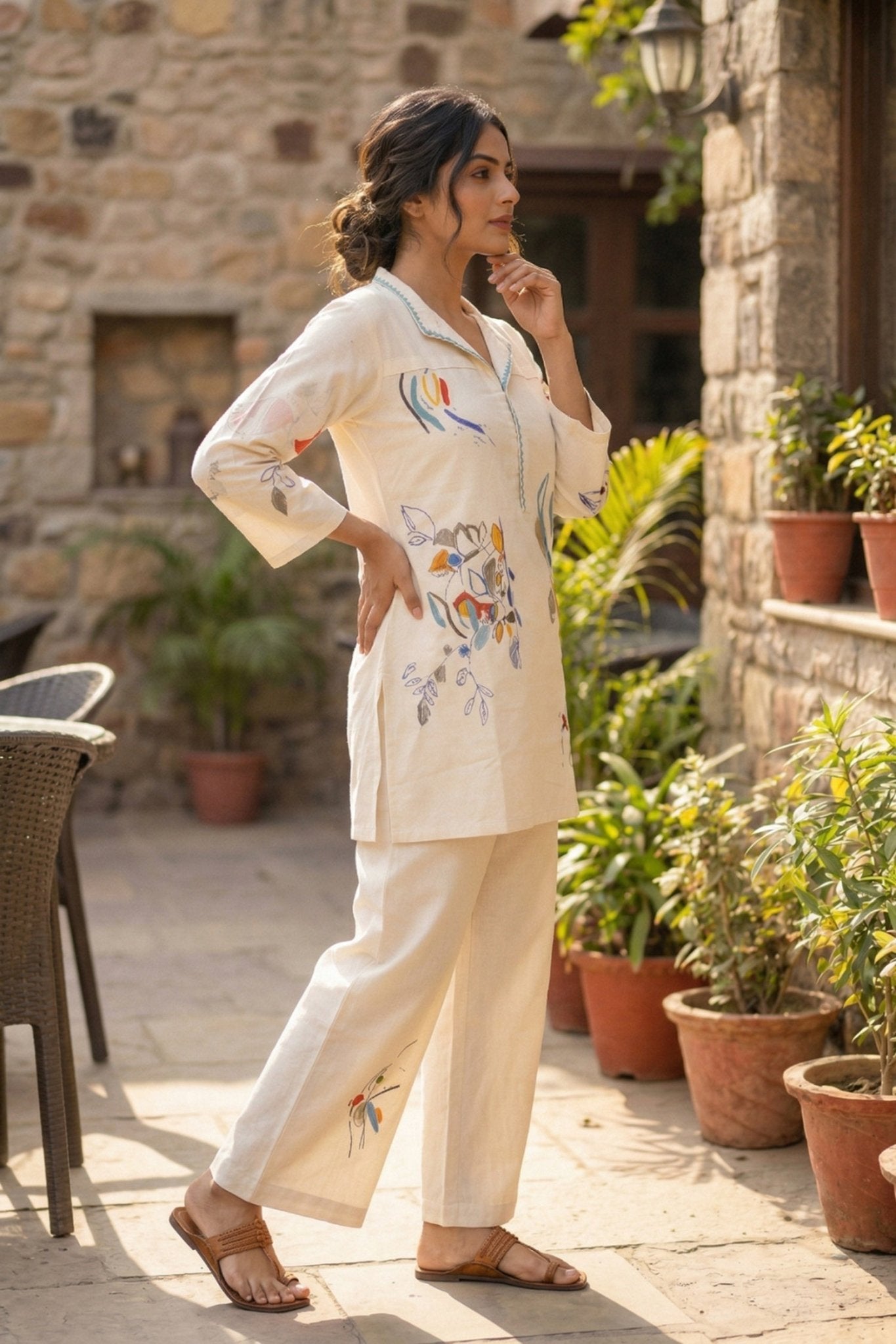 Off-White Cotton Co-ord Set with Minimal Print - Freyaa USA & Canada