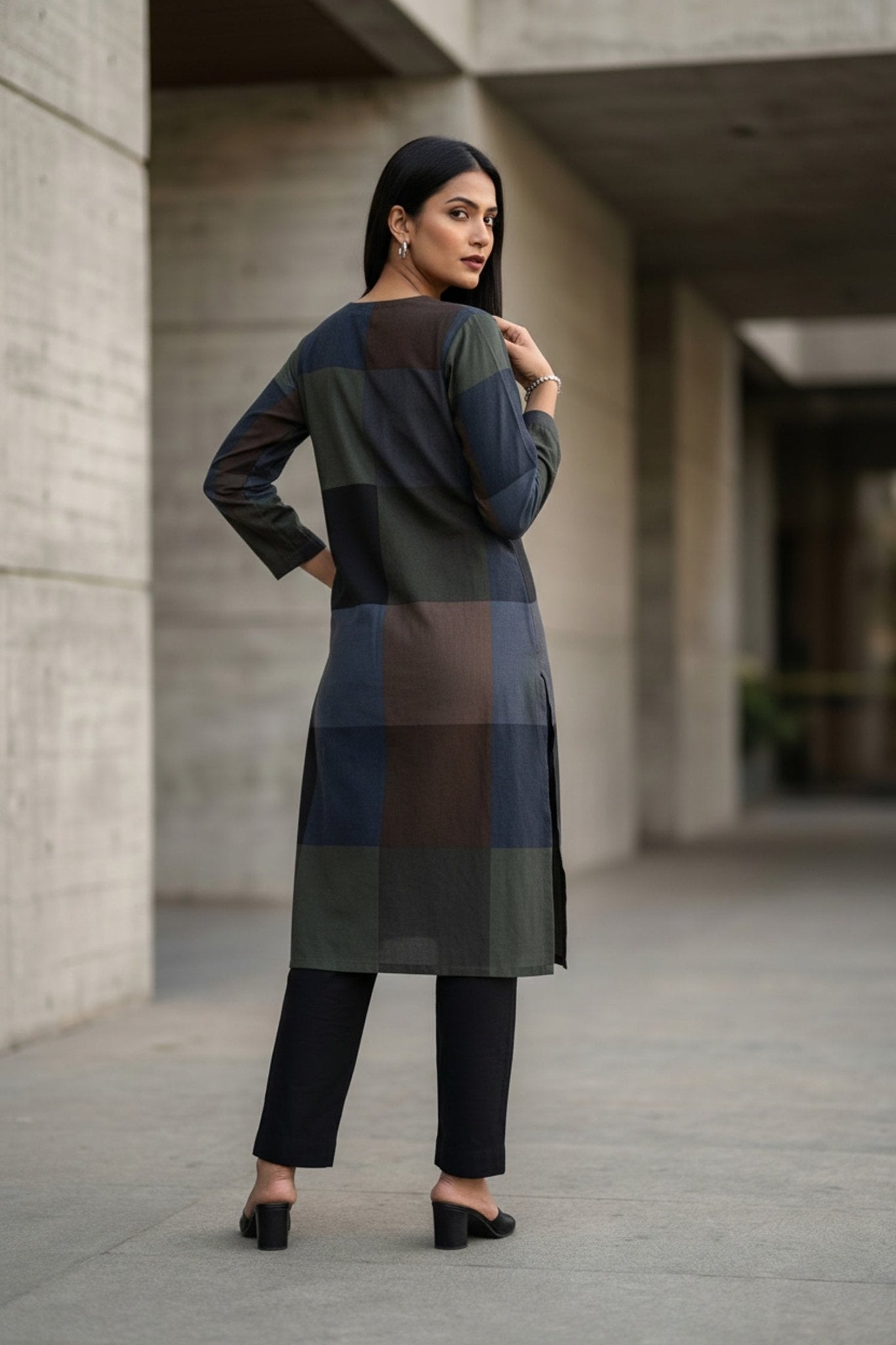 Dark Grey Grace Patterned Cotton Kurti - Freyaa USA & Canada