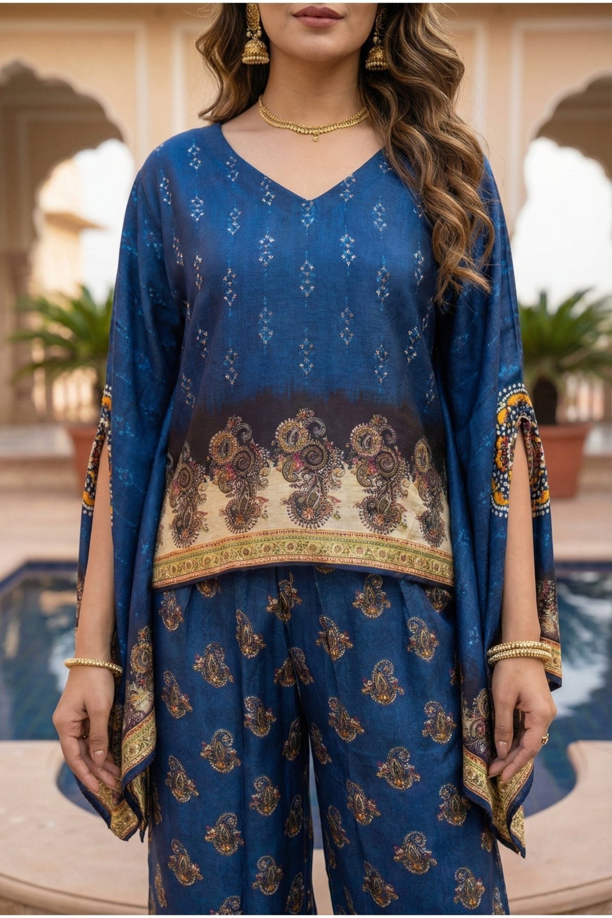 Navy Blue Ethnic Print Co-ord Set with Kaftan-Style - Freyaa USA & Canada