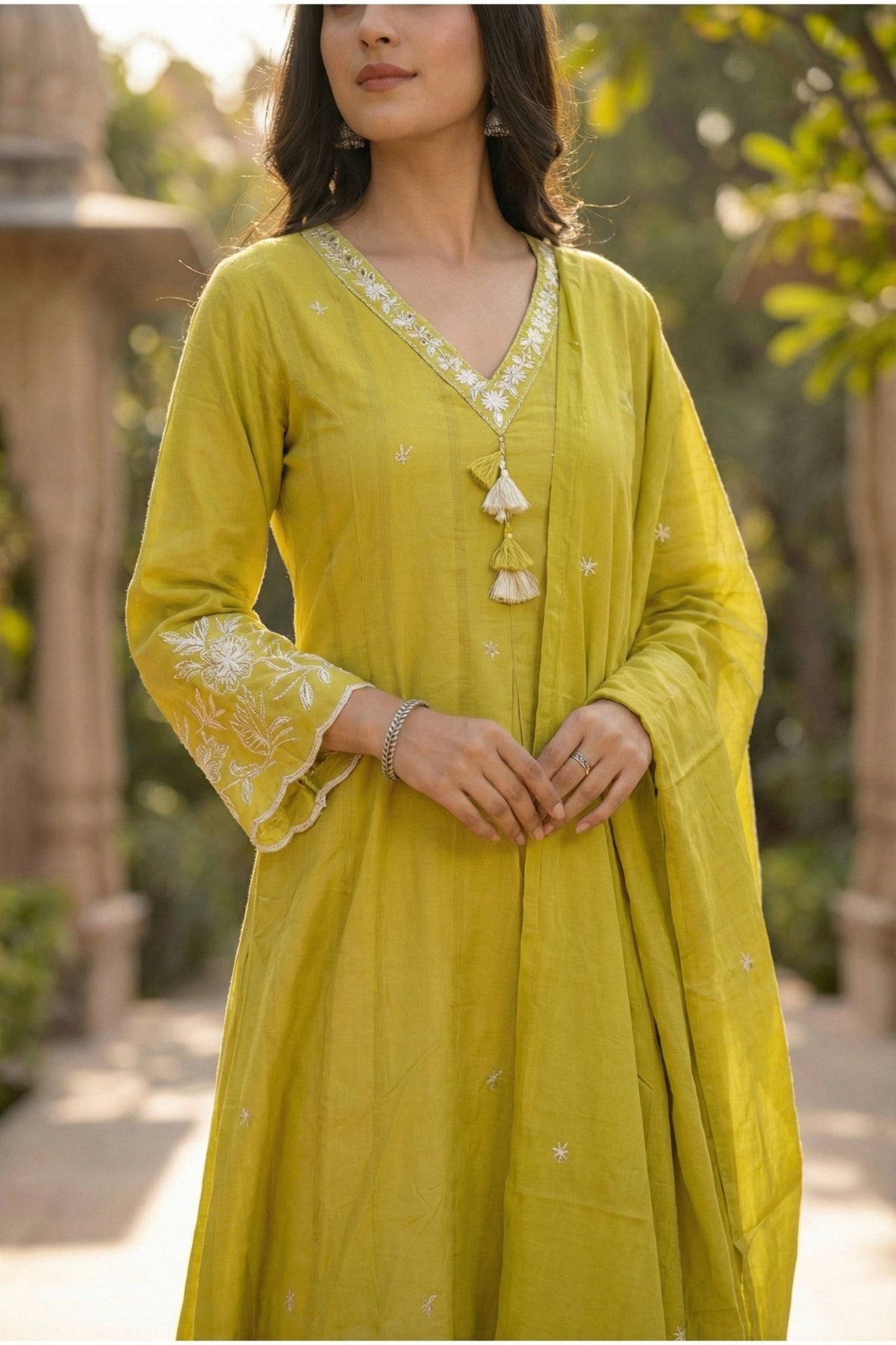 Mustard Embroidered Buti Kurta Set with Floral Placement Work & Tassel Neck Detail - Freyaa USA & Canada