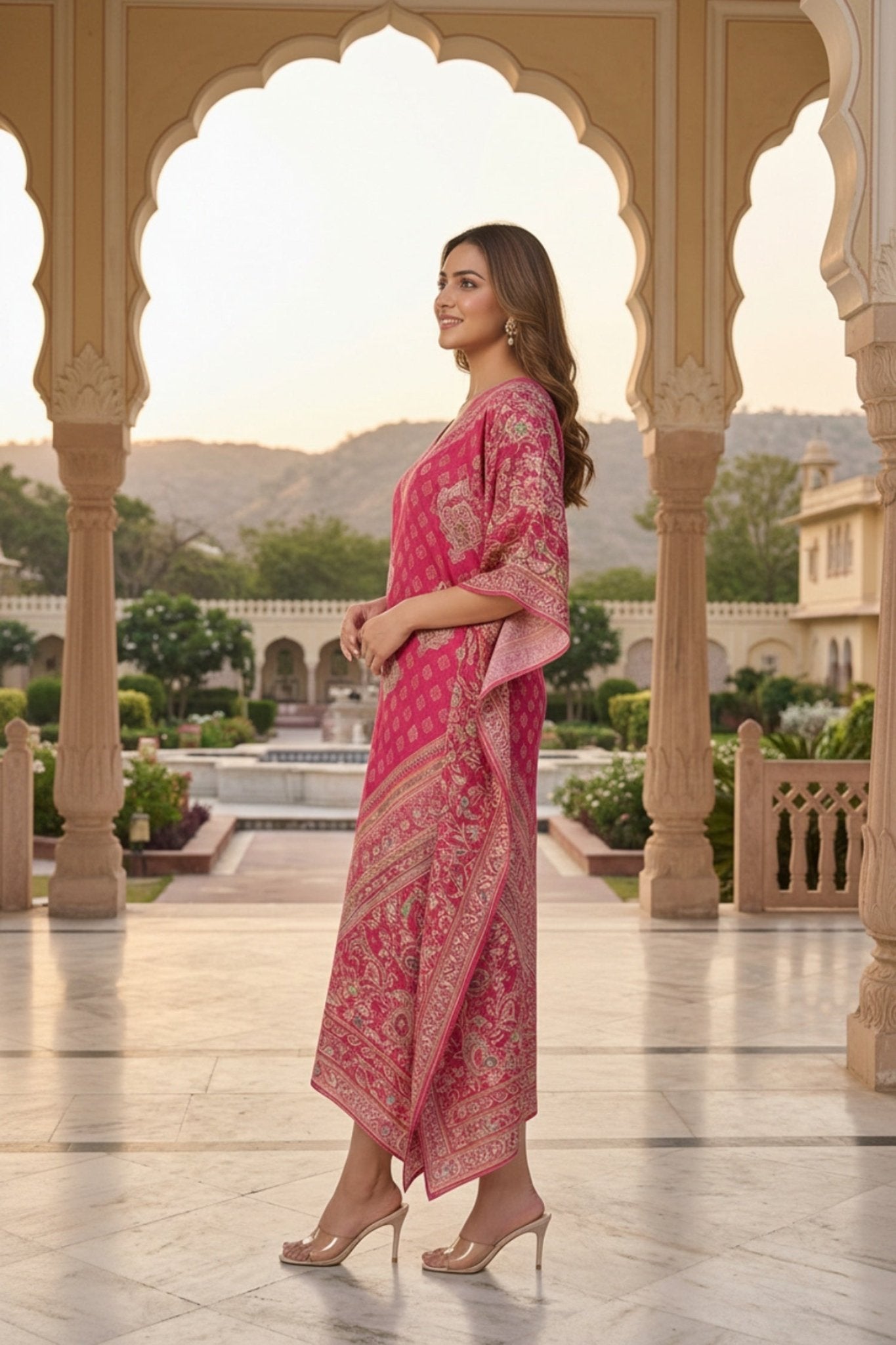 Pink Printed Viscose Long Kaftan - Freyaa USA & Canada