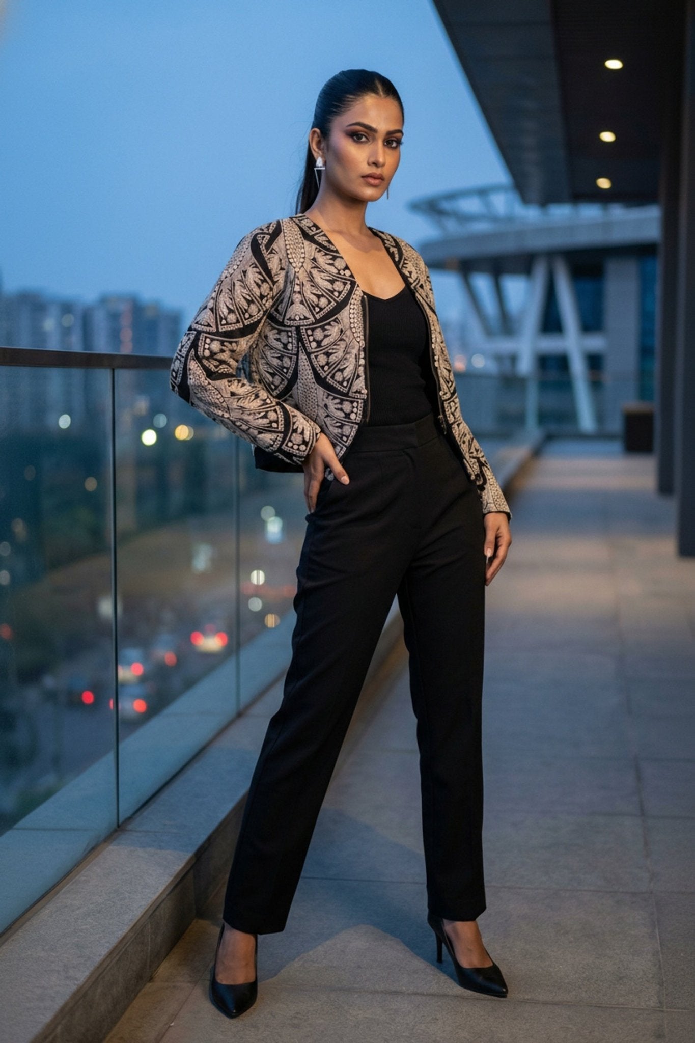 Chic Black Jacket with Threadwork Detailing - Freyaa USA & Canada
