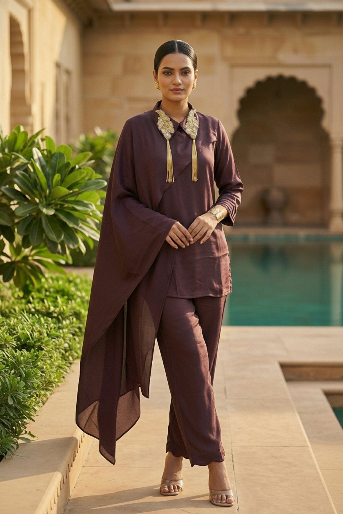 Wine Elegance Embroidered Collar Co-ord Set - Freyaa USA & Canada