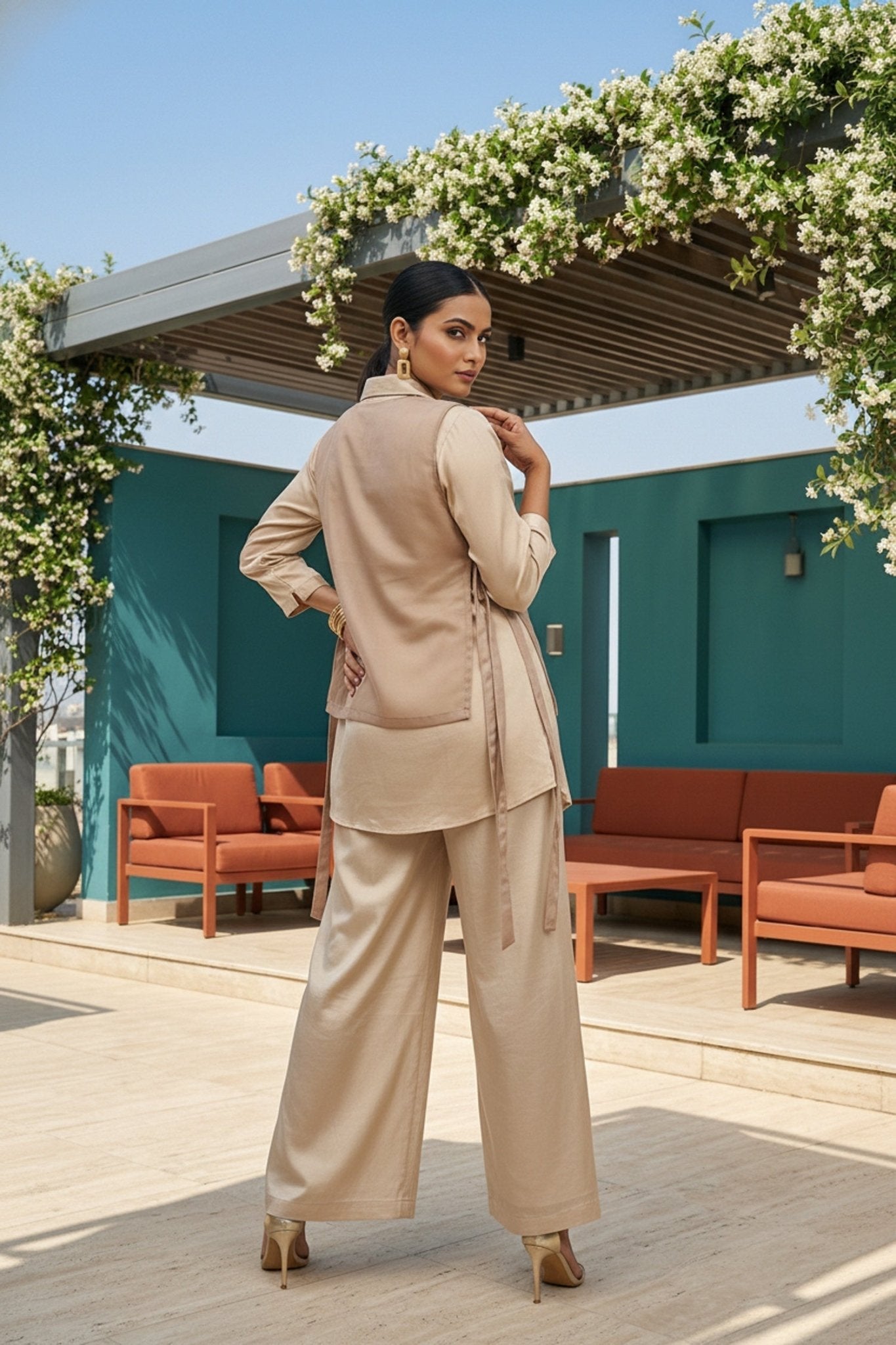 Beige Grace Tissue Jacket with Chinon Cord Set - Freyaa USA & Canada
