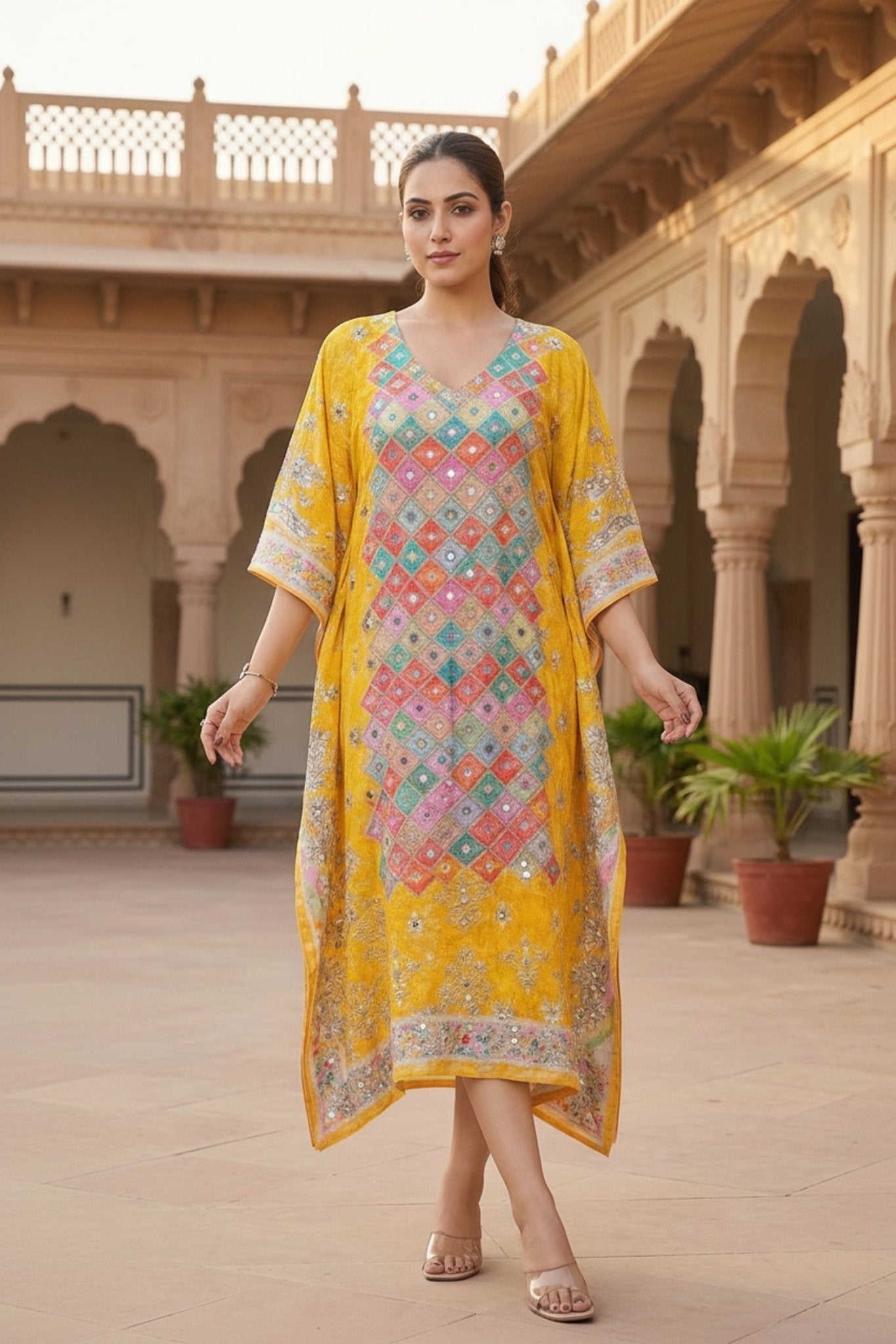 Multicolor Viscose Long Kaftan with Mirror Work Embroidery - Freyaa USA & Canada