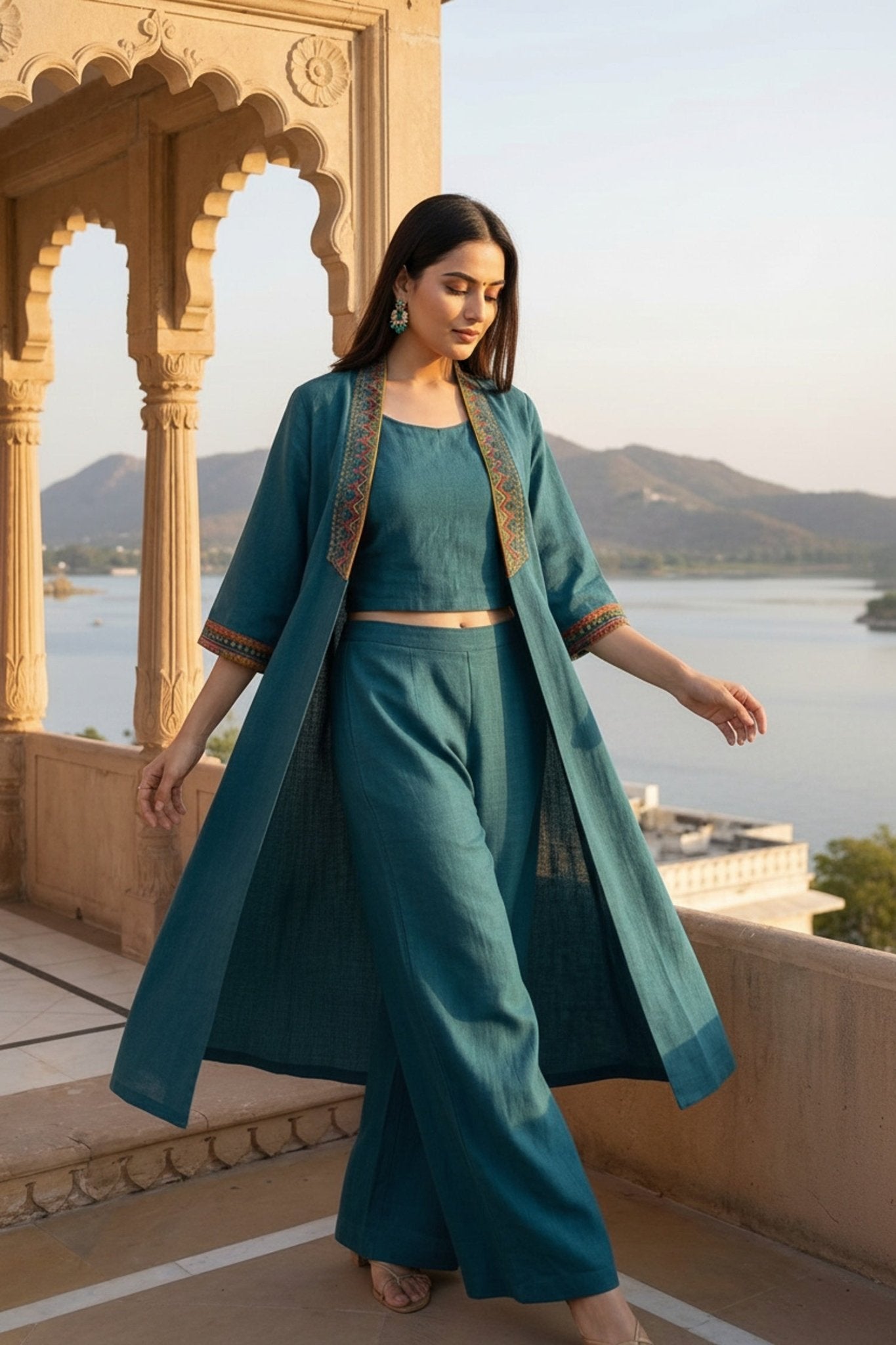 Teal Blue Cotton Co-ord Set with Long Jacket - Freyaa USA & Canada