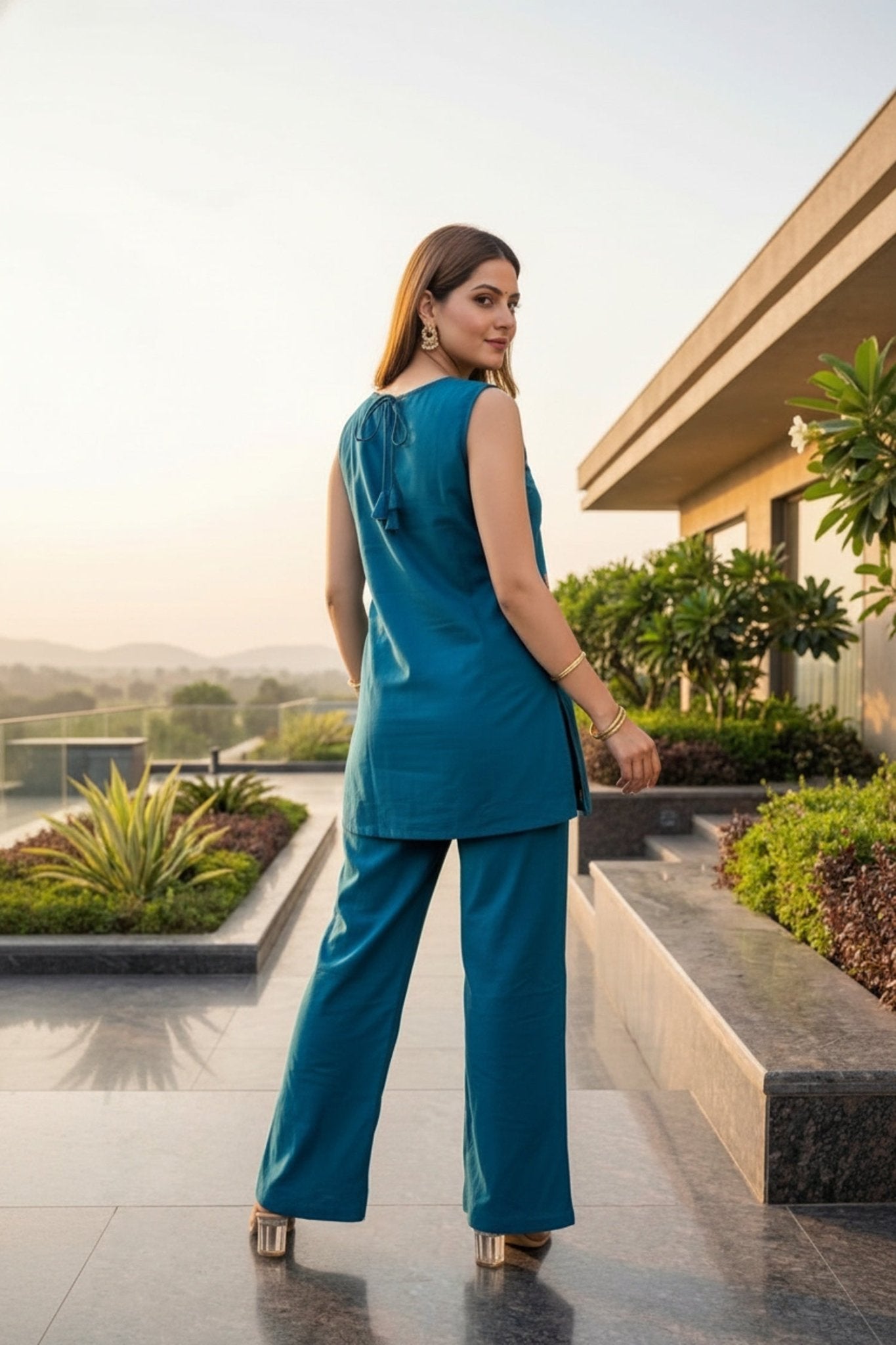Blue Sleeveless Cotton Co-ord Set with Floral Embroidery - Freyaa USA & Canada