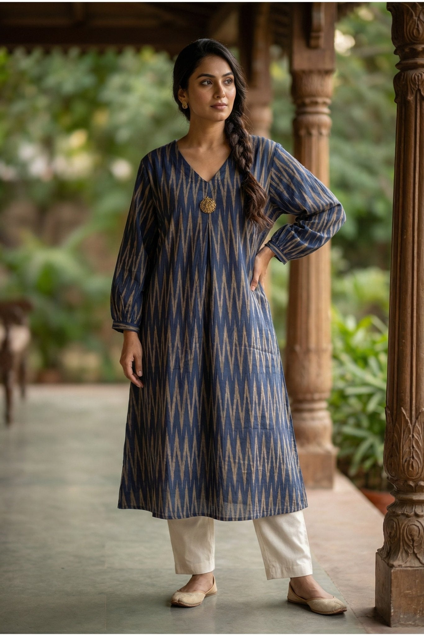 Dark Blue Zigzag Linework Cotton Long Kurti - Freyaa USA & Canada