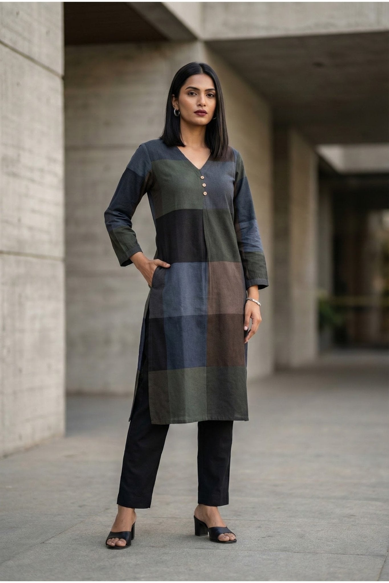 Dark Grey Grace Patterned Cotton Kurti - Freyaa USA & Canada