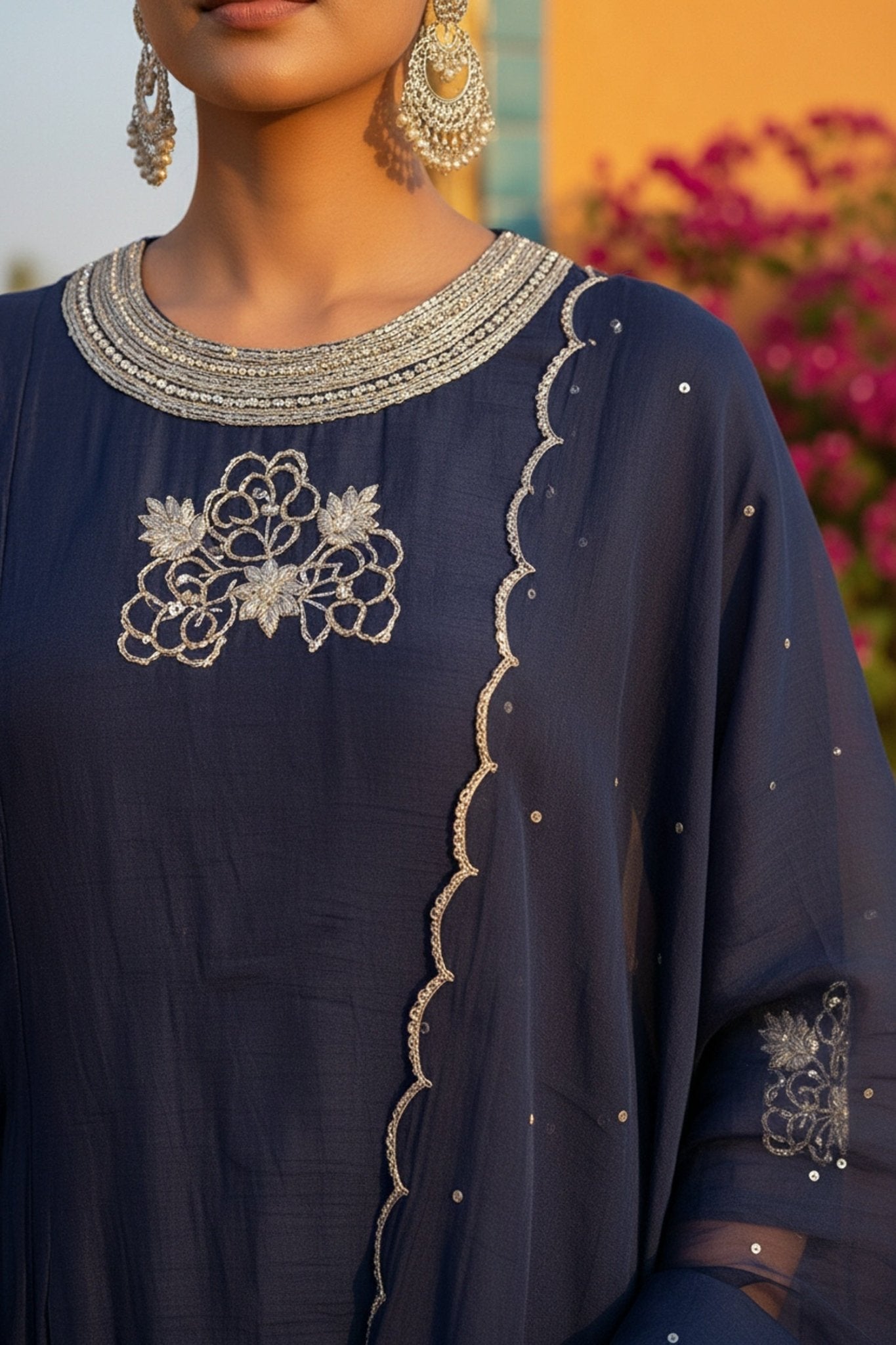 Blue Embroidered Three Piece Suit Set - Freyaa USA & Canada