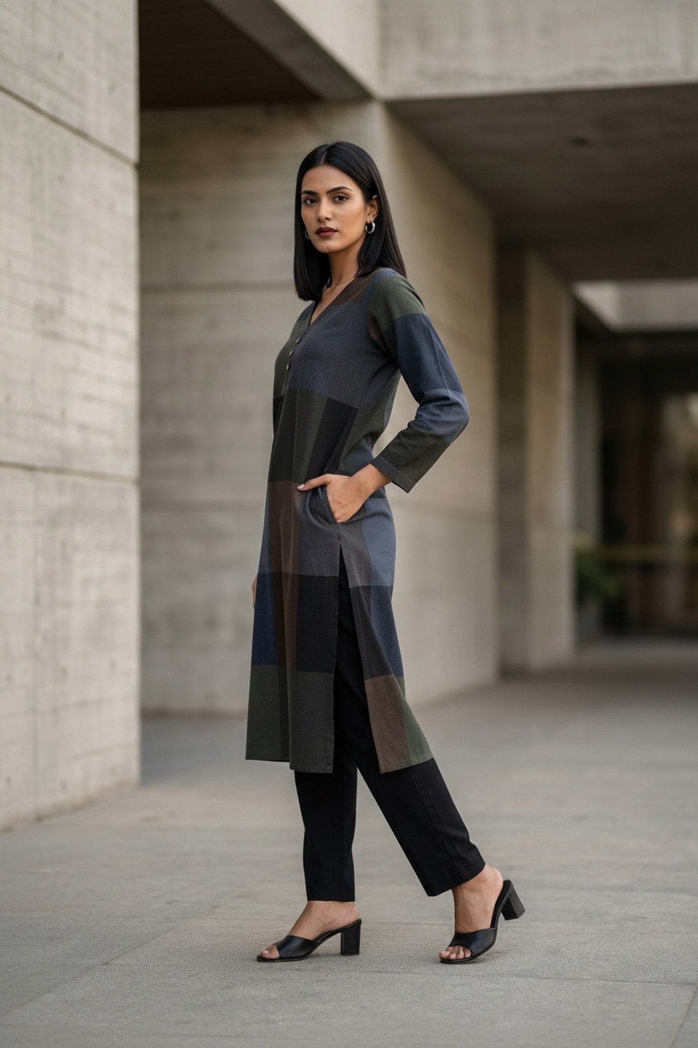 Dark Grey Grace Patterned Cotton Kurti - Freyaa USA & Canada