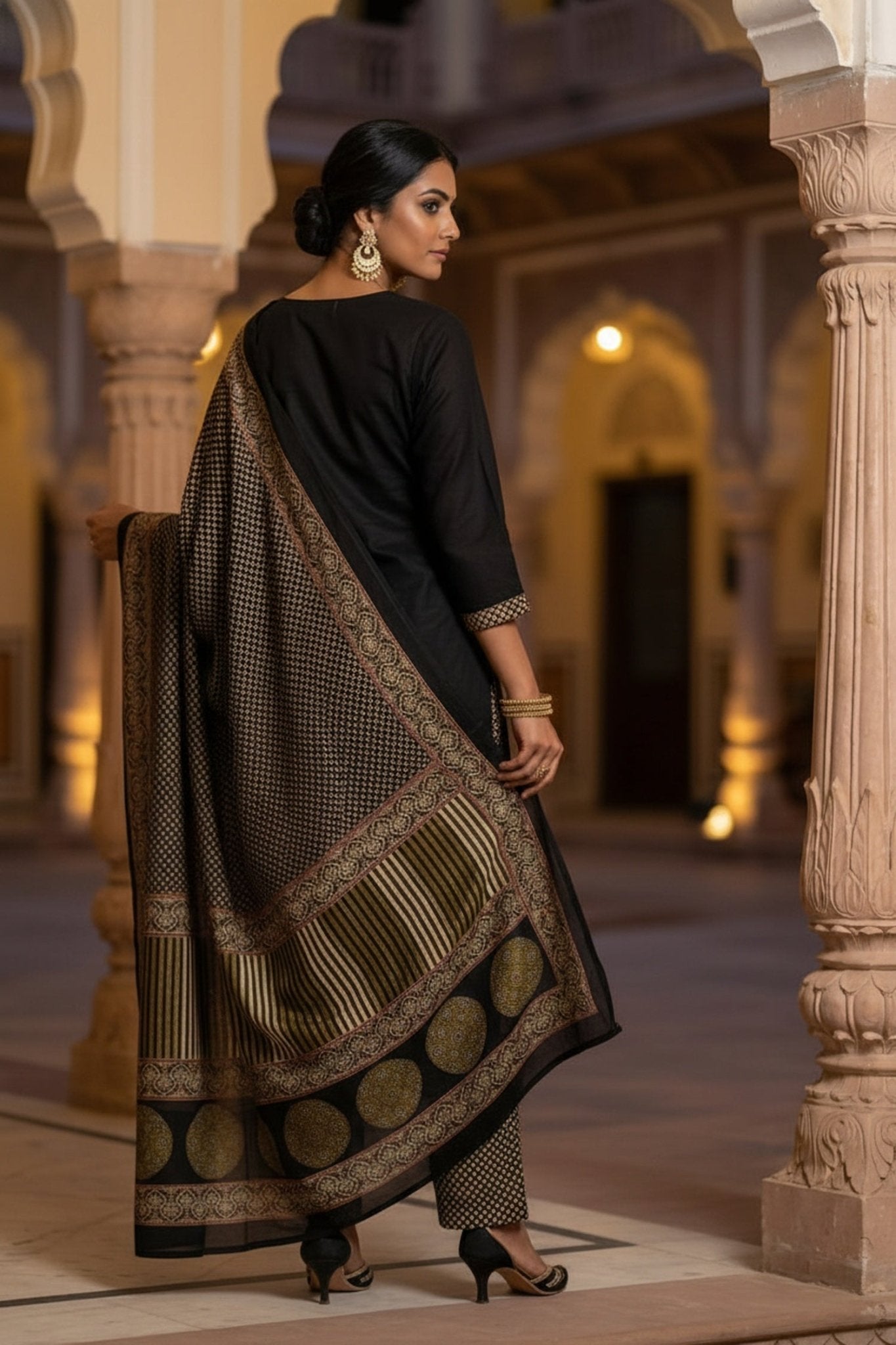 Black Royale Embroidered Straight-Cut Three Piece Suit Set - Freyaa USA & Canada