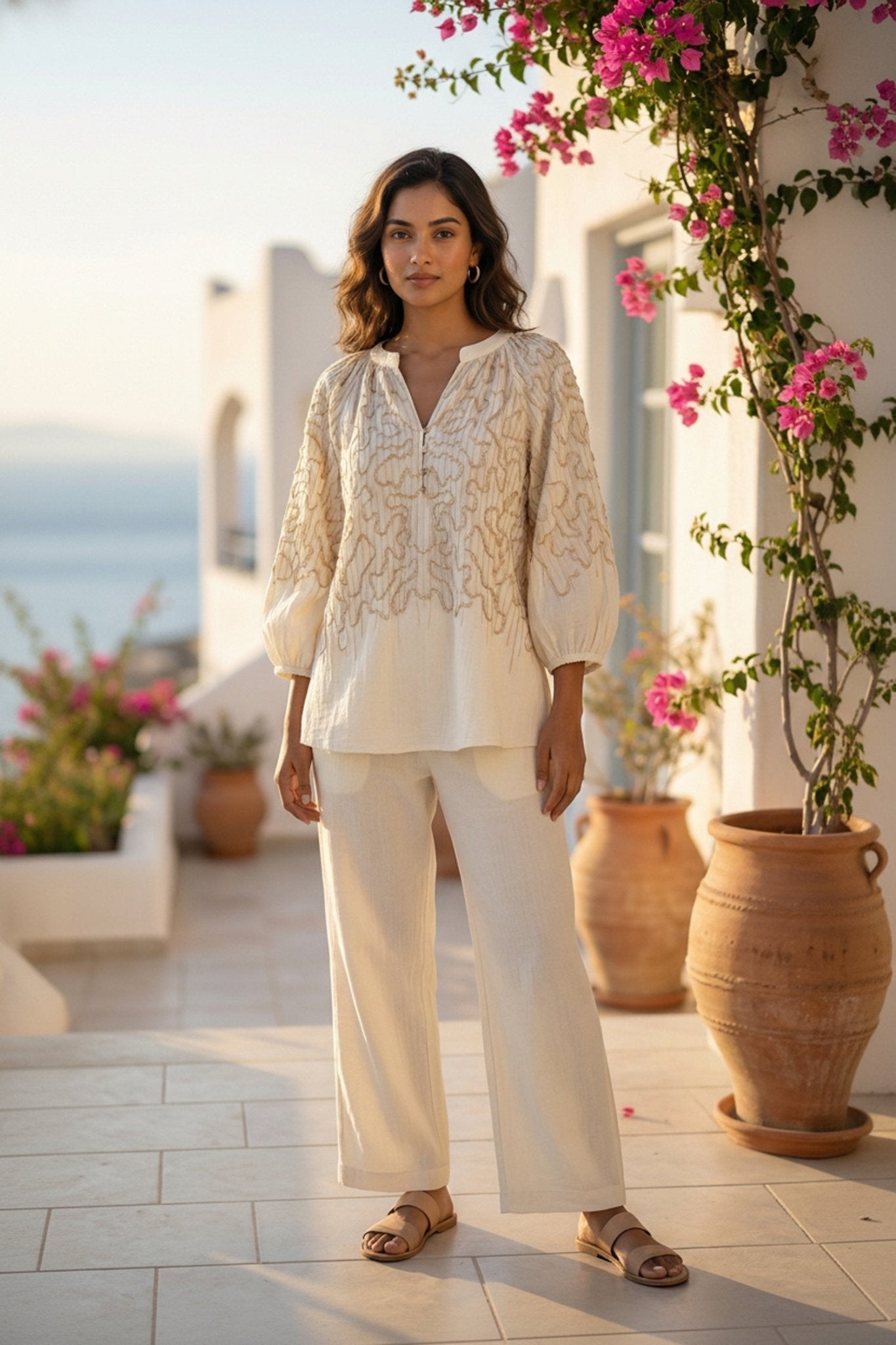 Off-White Cotton Co-ord Set with Thread Work - Freyaa USA & Canada