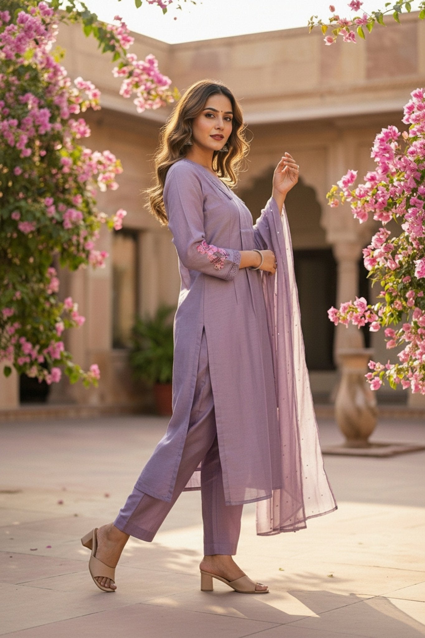 Pastel Lilac Cotton Three Piece - Freyaa USA & Canada