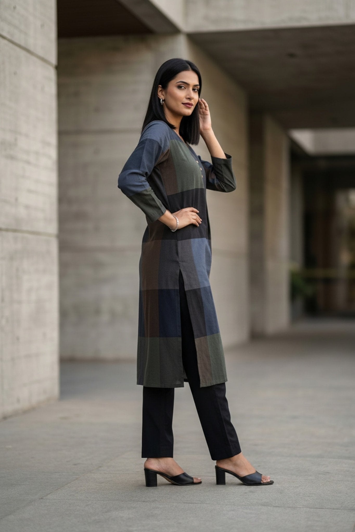 Dark Grey Grace Patterned Cotton Kurti - Freyaa USA & Canada