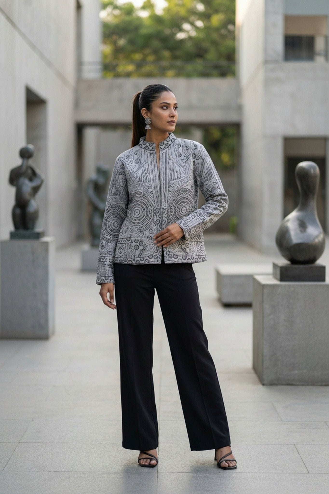 Grey Thread Work Cotton Ethnic Jacket - Freyaa USA & Canada