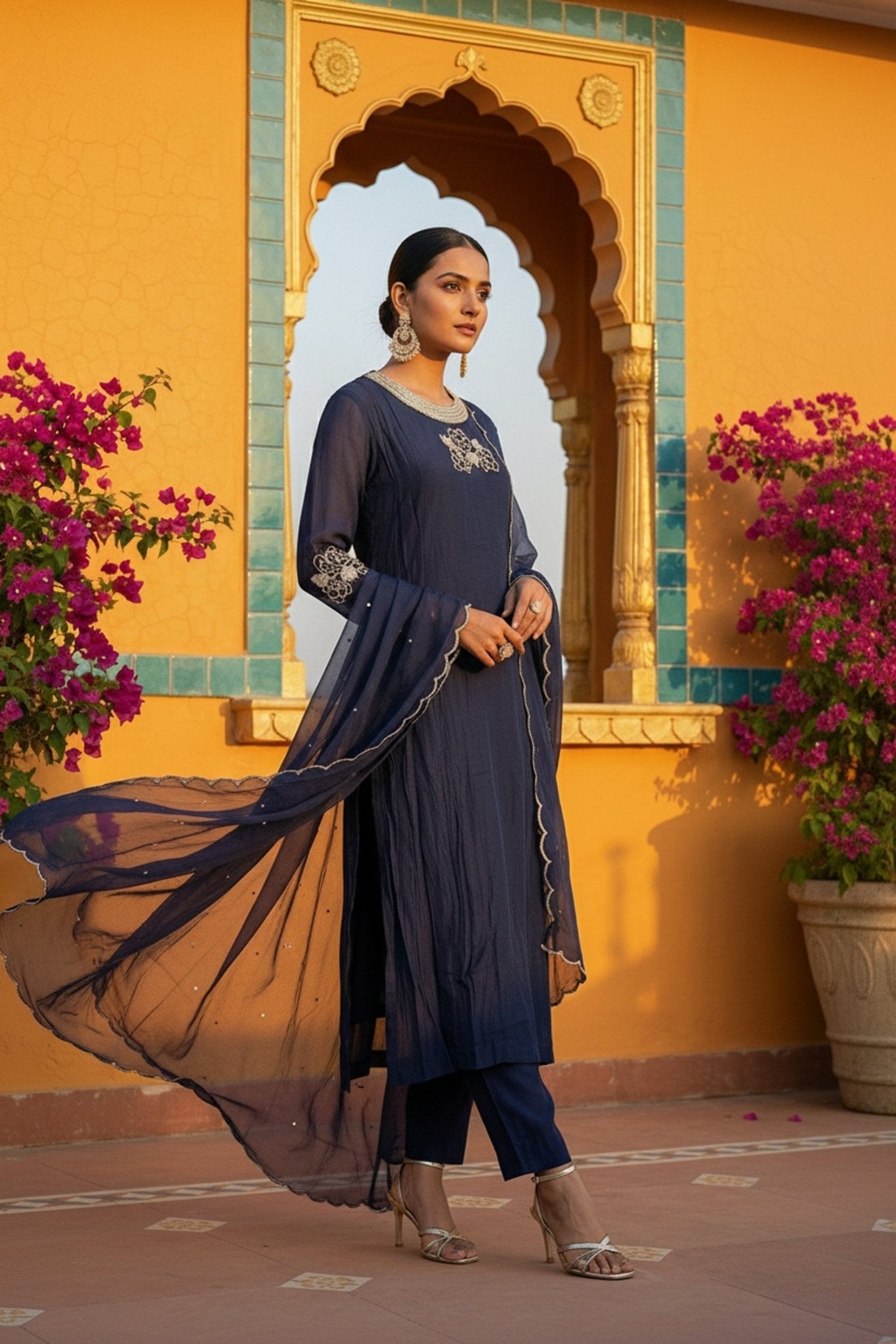 Blue Embroidered Three Piece Suit Set - Freyaa USA & Canada