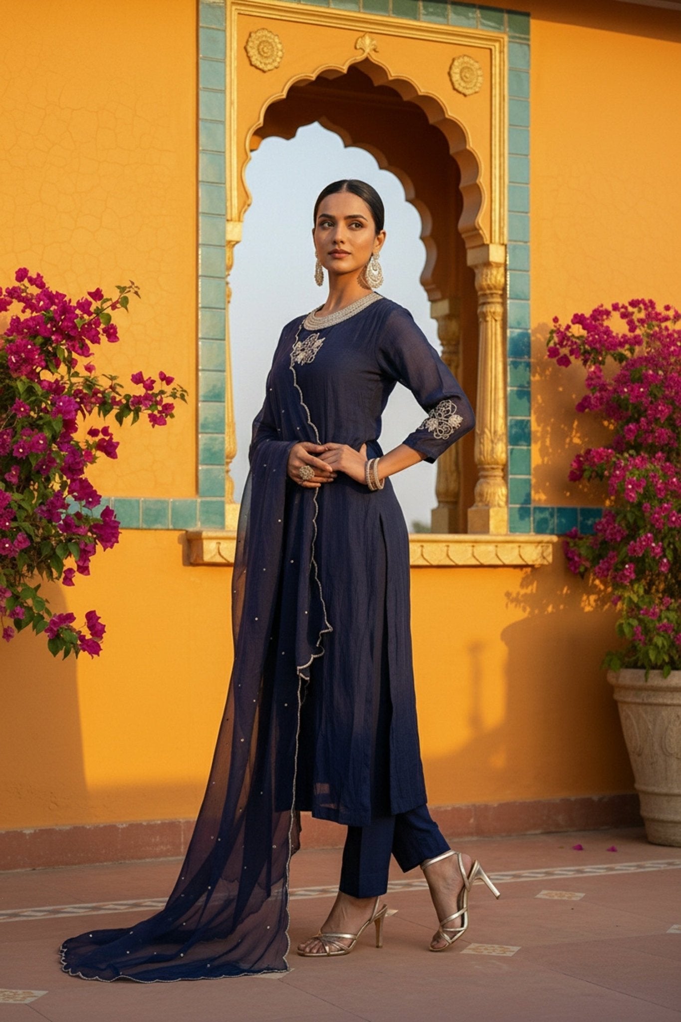 Blue Embroidered Three Piece Suit Set - Freyaa USA & Canada