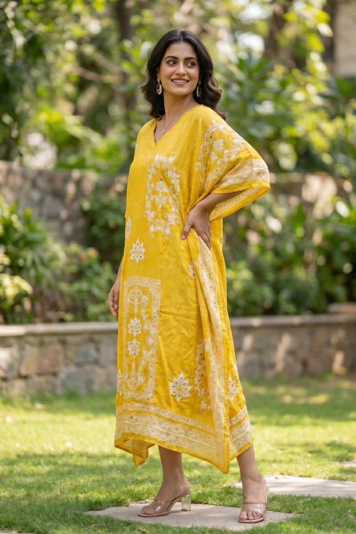 Long Yellow Chinon Silk Kaftan with Digital Print - Freyaa USA & Canada