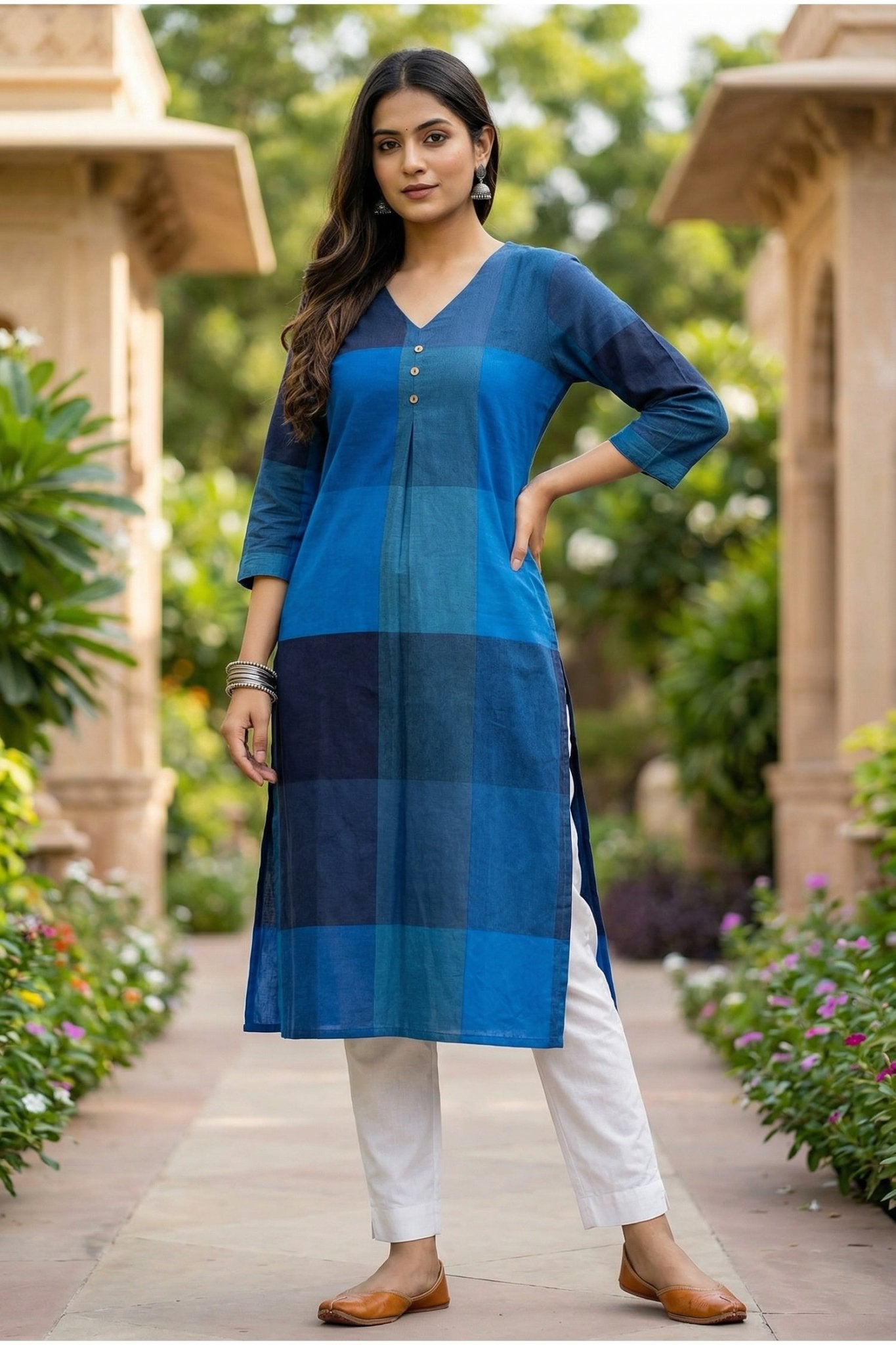 Blue Patterned Cotton Work Long Kurti - Freyaa USA & Canada
