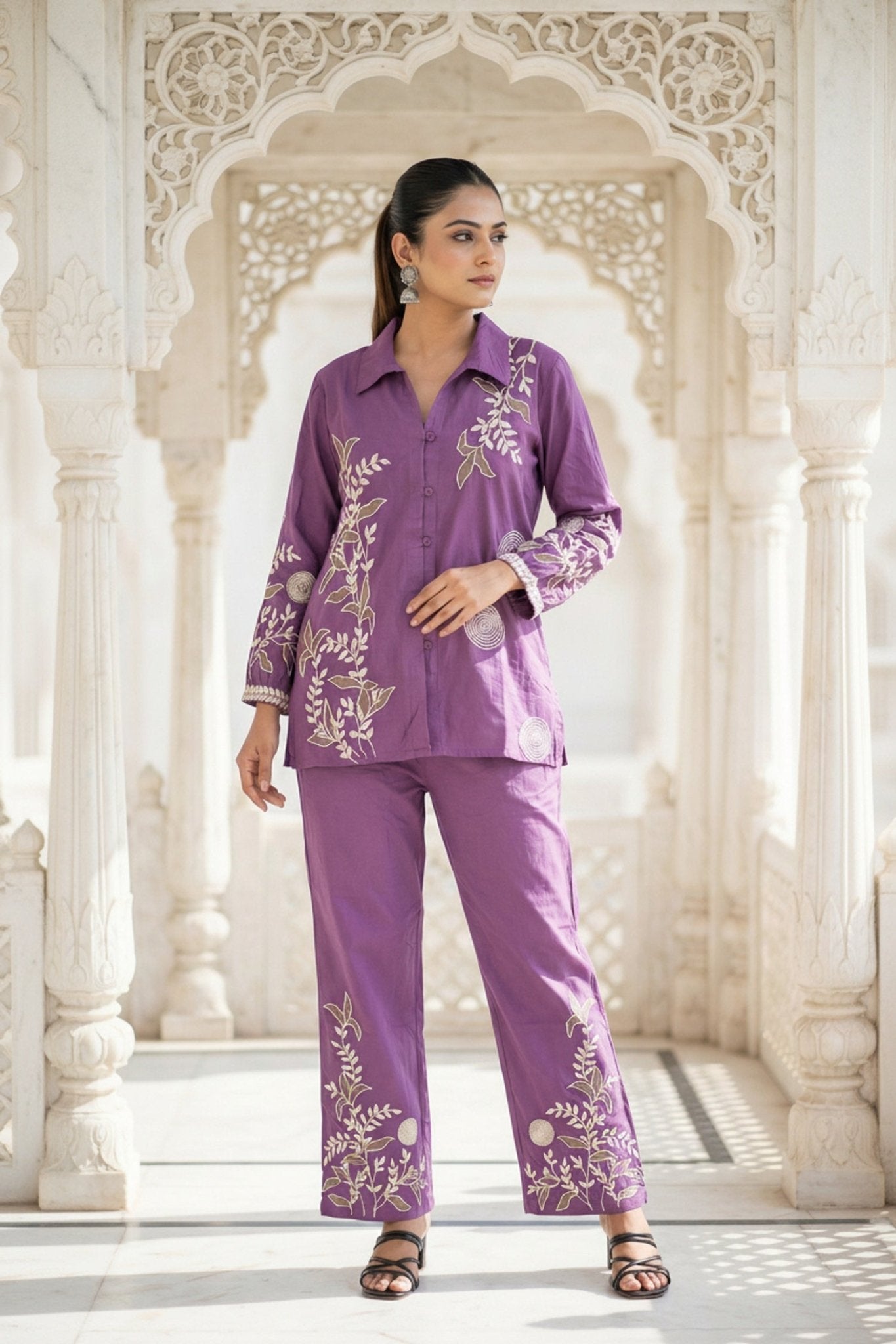 Eggplant Cotton Co-ord Set with Embroidery - Freyaa USA & Canada