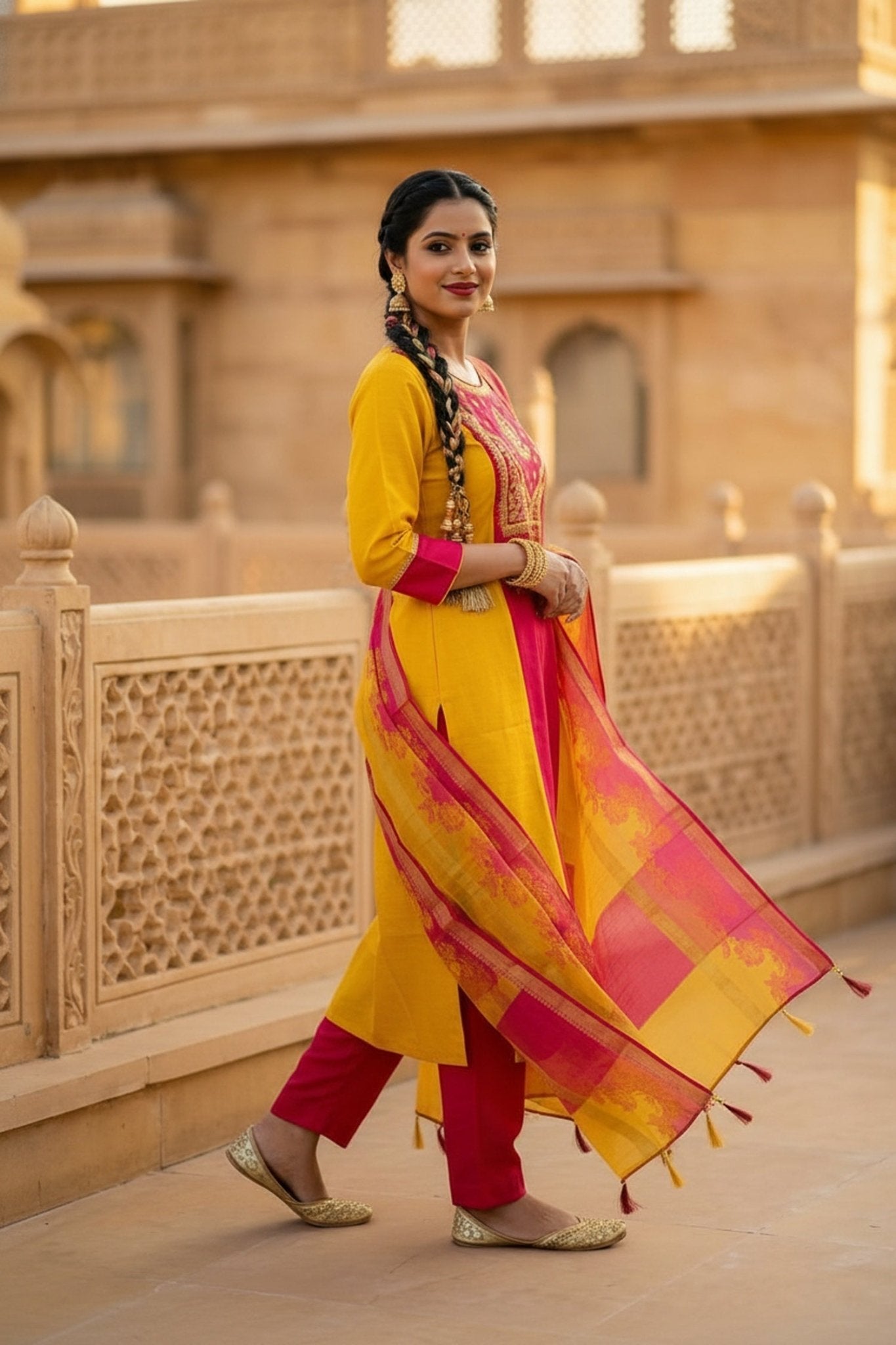 Mustard Straight-Cut Embroidered Three Piece Suit Set - Freyaa USA & Canada