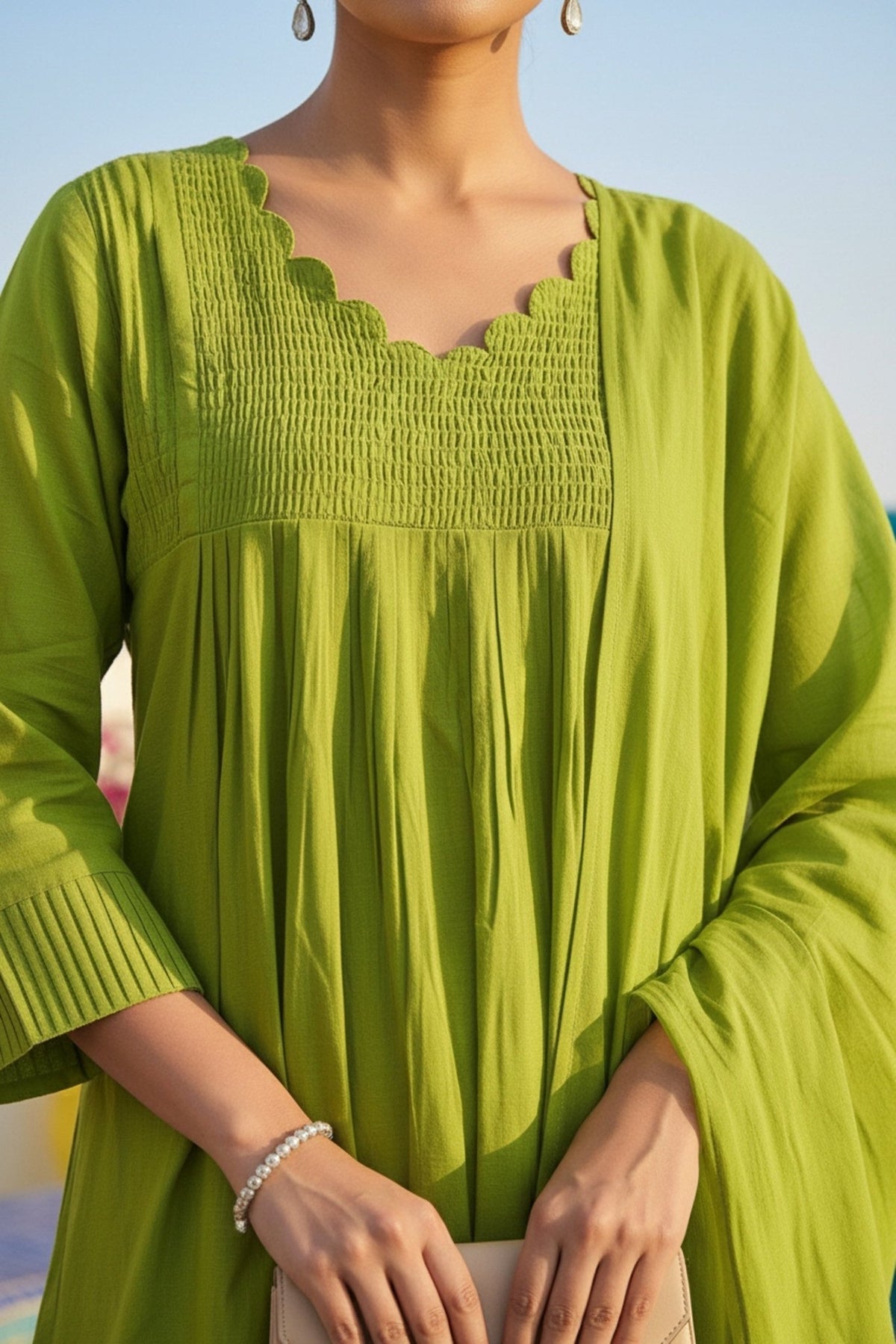 Green Mul Cotton Three Piece with Minimal Embroidery - Freyaa USA & Canada