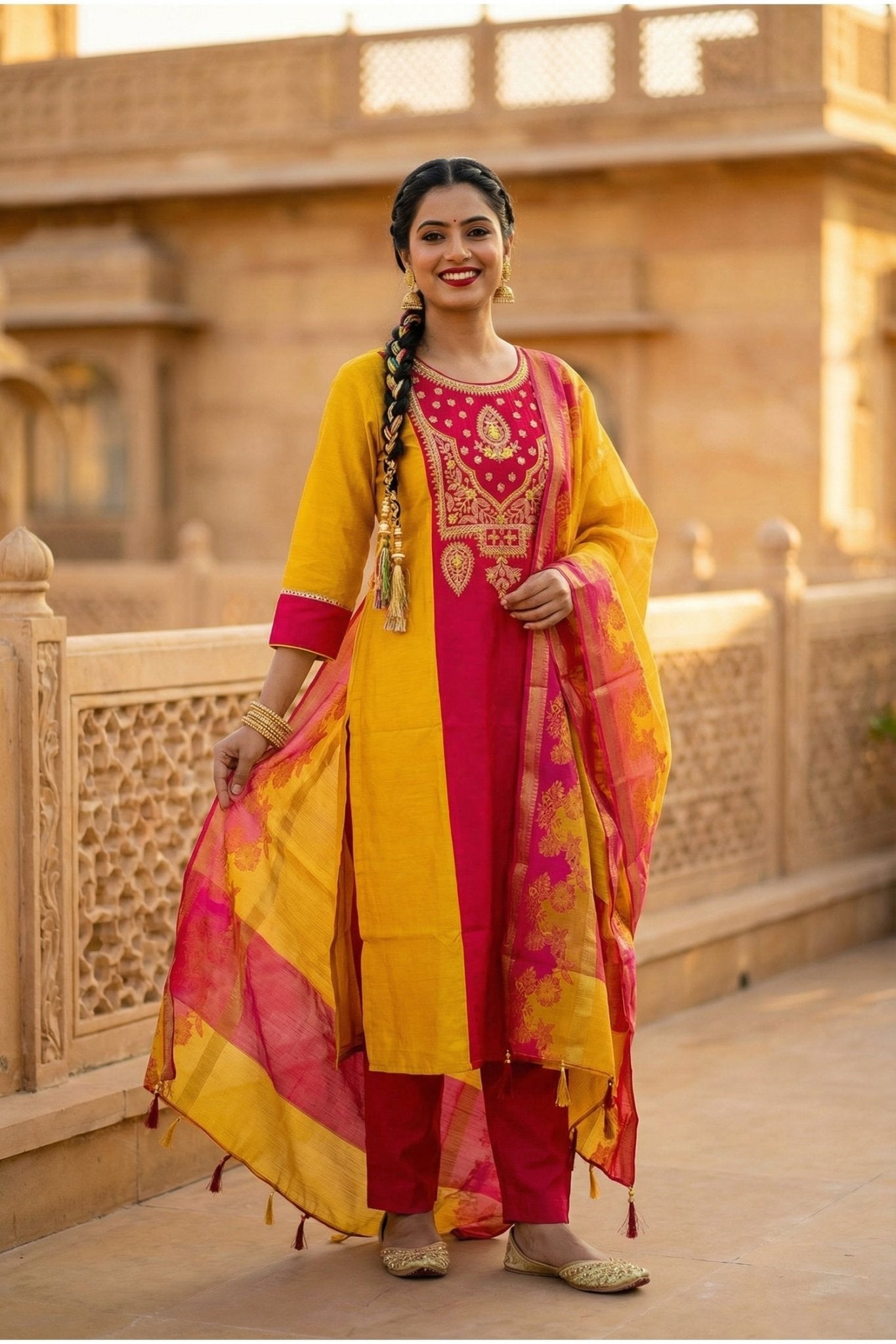 Mustard Straight-Cut Embroidered Three Piece Suit Set - Freyaa USA & Canada