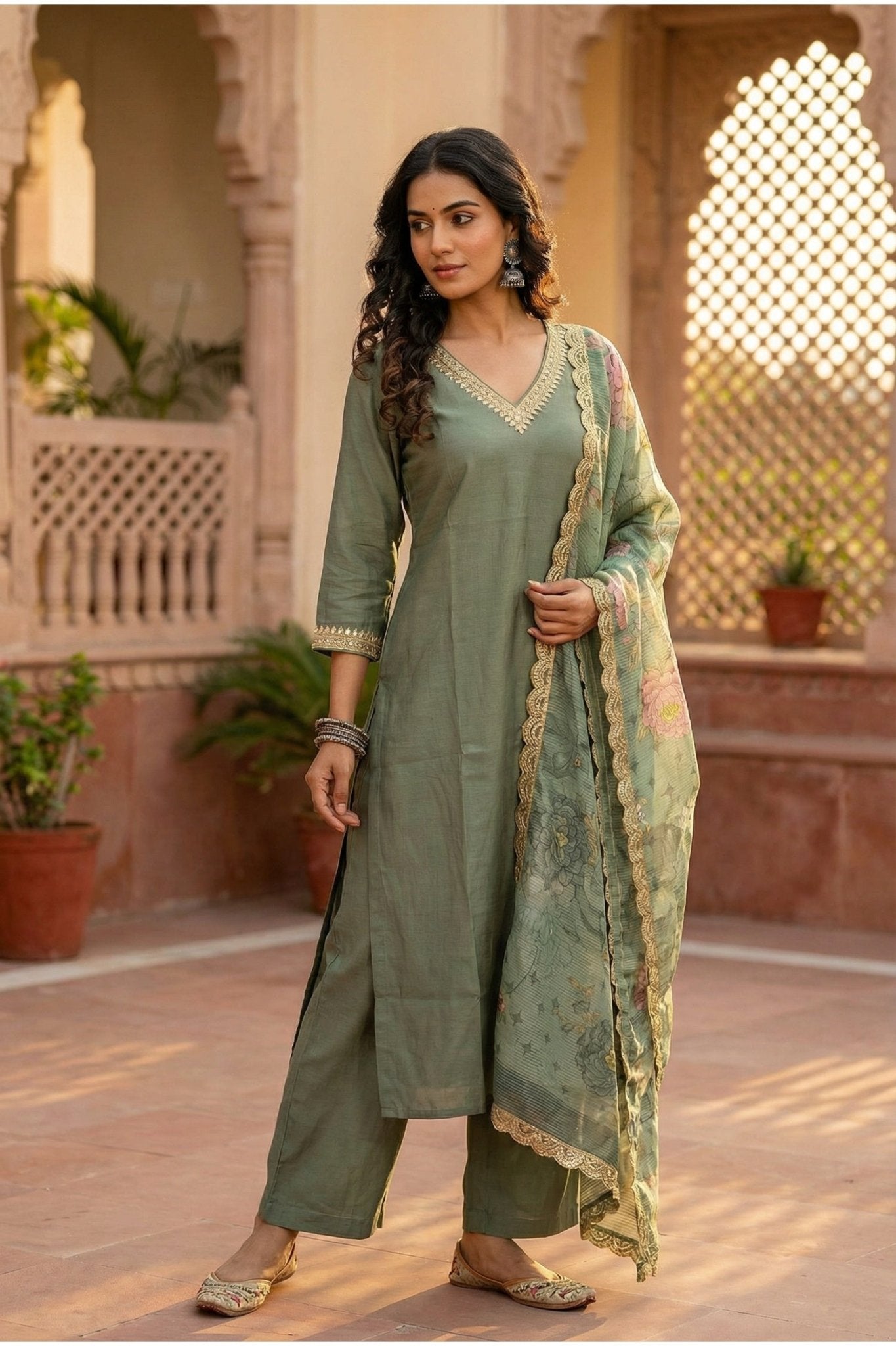 Sea Green Serenity Straight-Cut Three Piece Suit Set - Freyaa USA & Canada