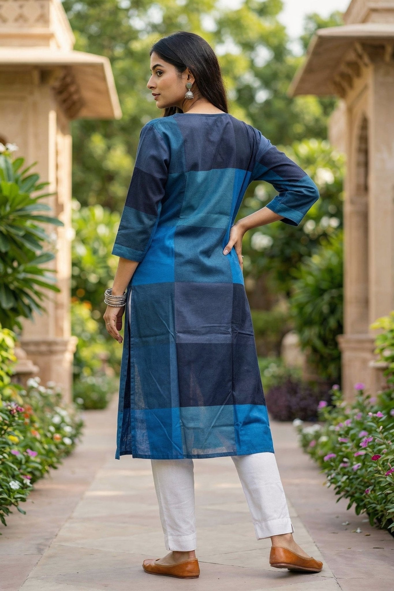 Blue Patterned Cotton Work Long Kurti - Freyaa USA & Canada