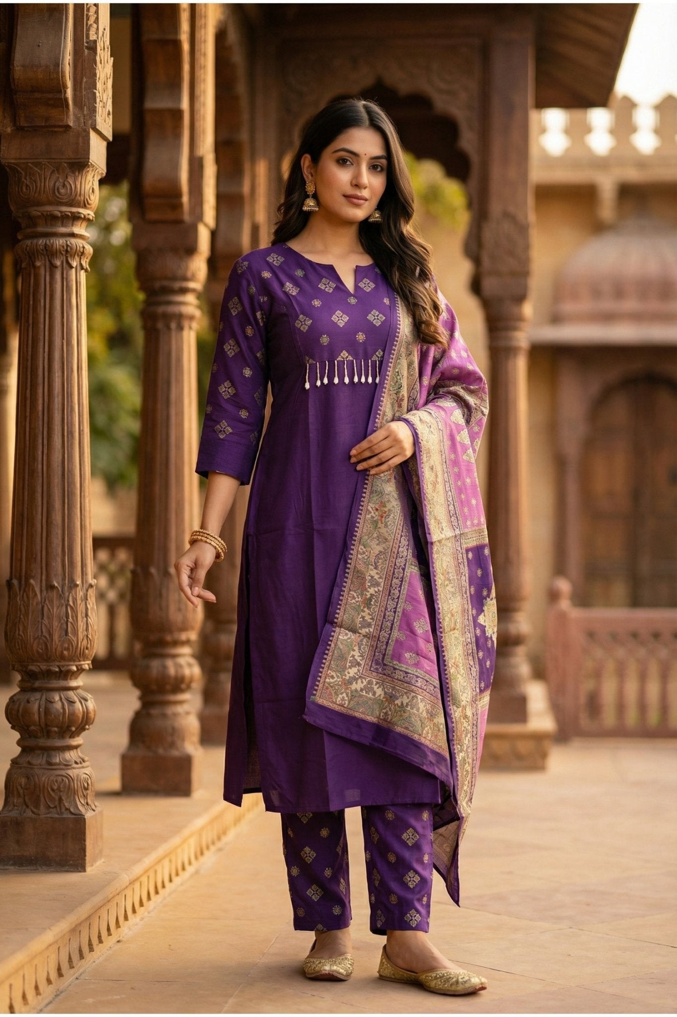 Purple Royale Straight-Cut Embroidered Three Piece Suit Set - Freyaa USA & Canada