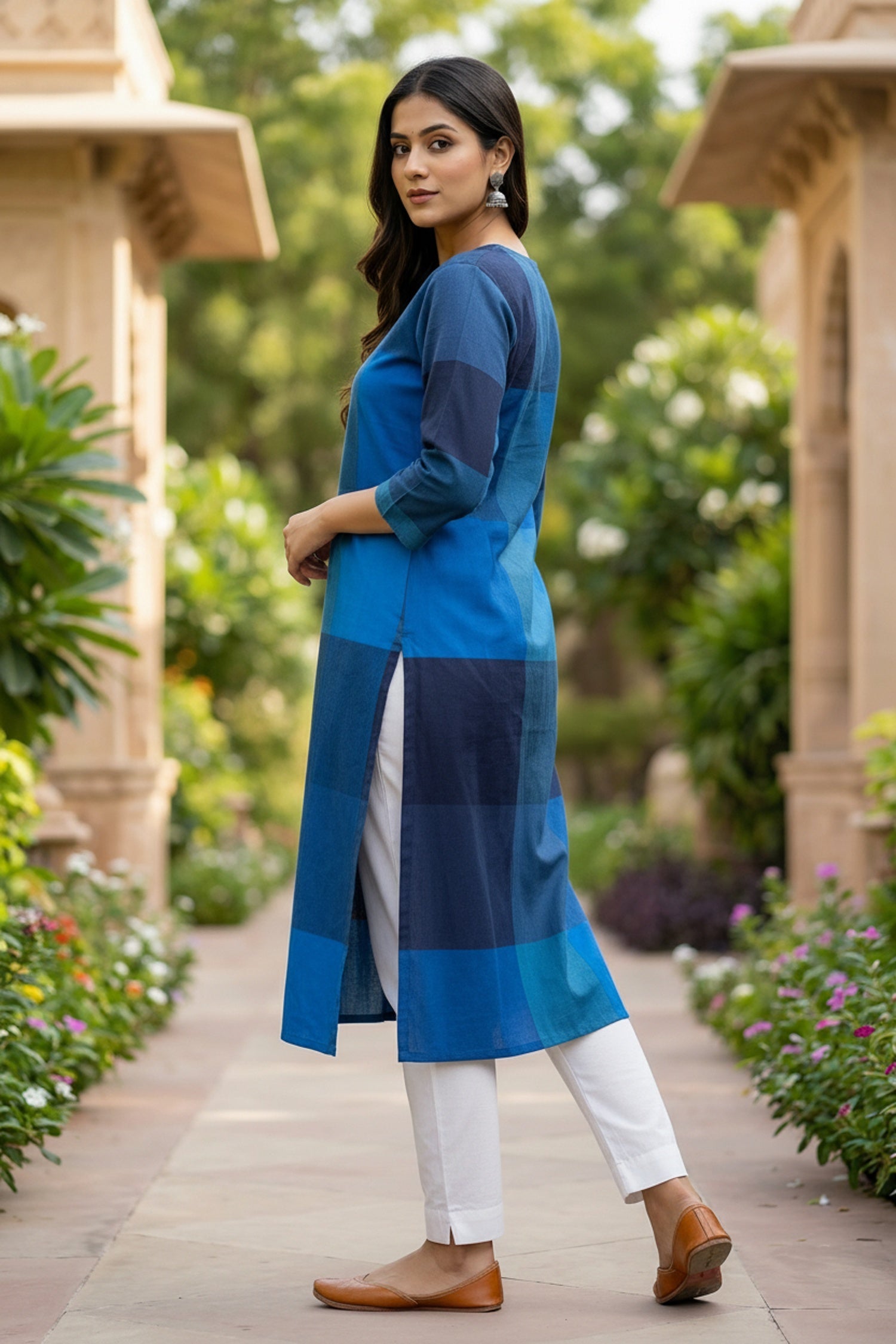 Blue Patterned Cotton Work Long Kurti