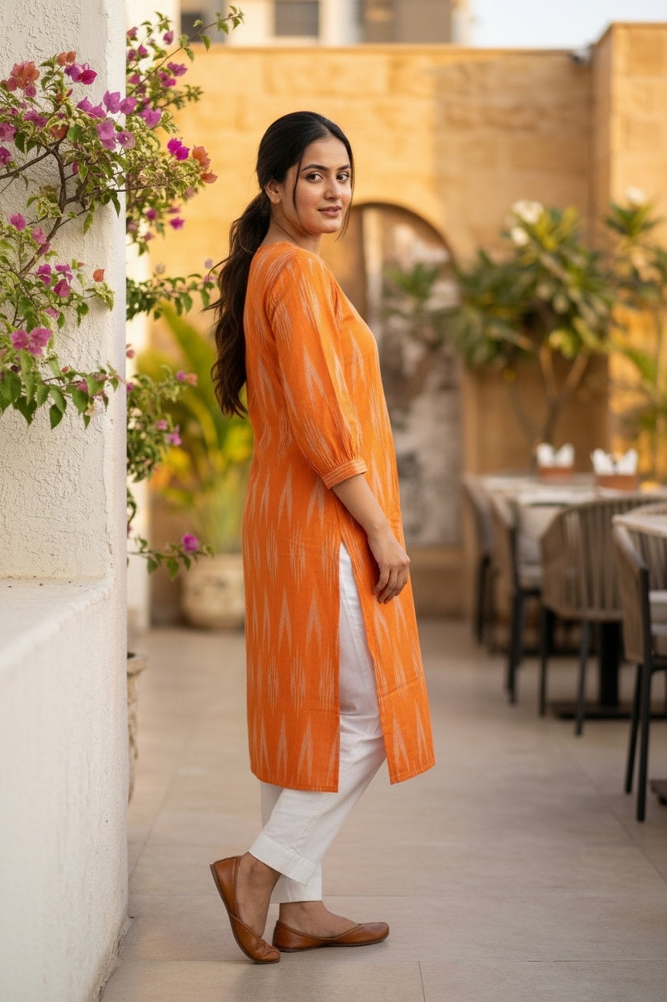 Orange Radiance Printed Cotton Long Kurti - Freyaa USA & Canada