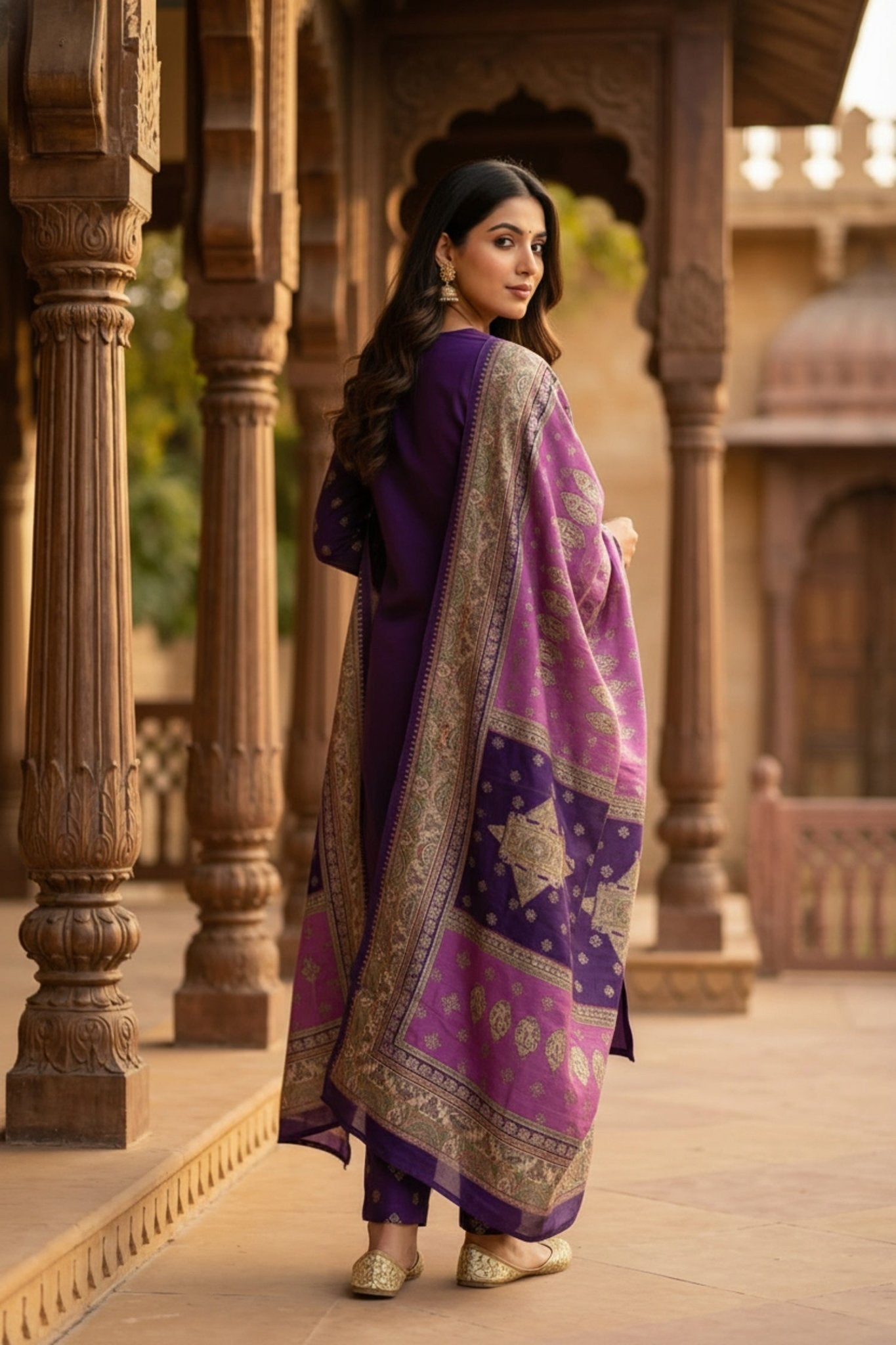 Purple Royale Straight-Cut Embroidered Three Piece Suit Set - Freyaa USA & Canada
